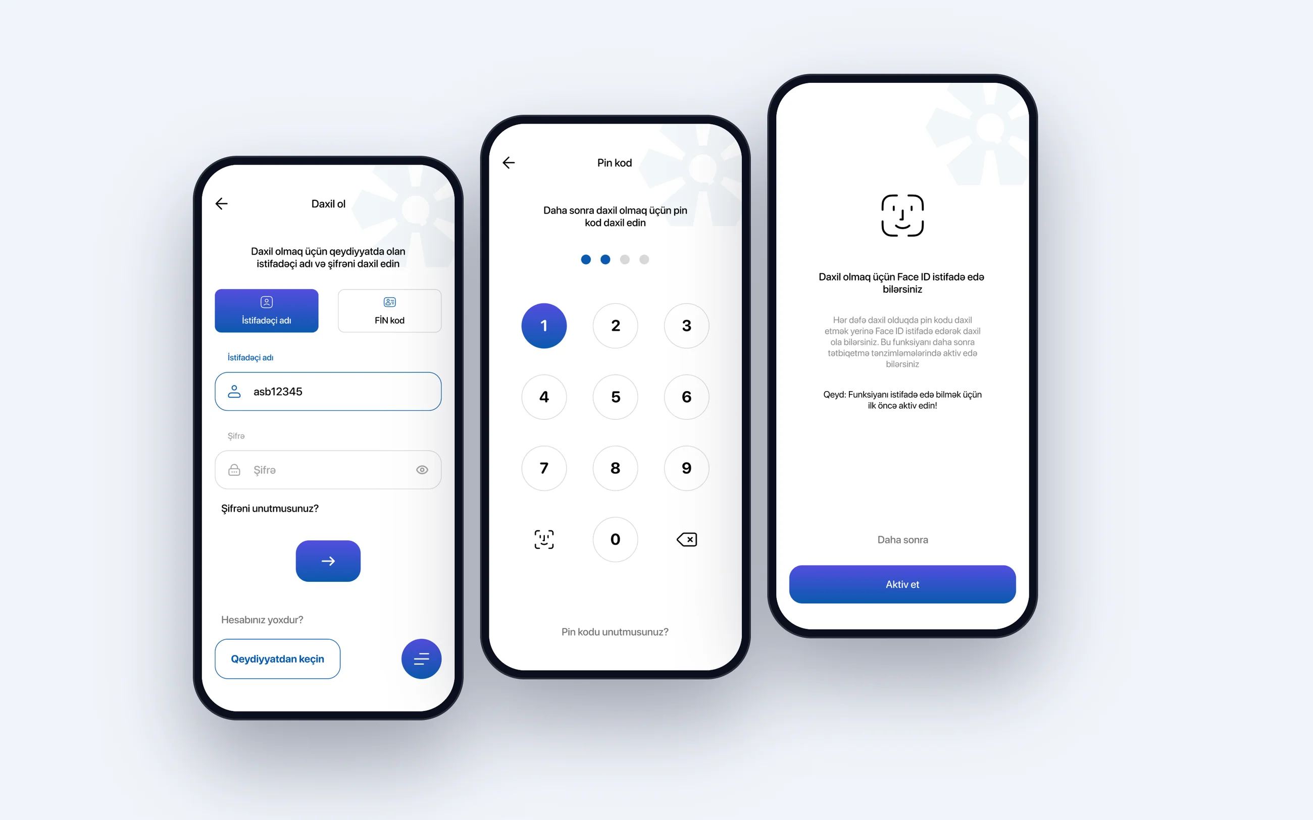 Sign in, PIN code and Face ID screens