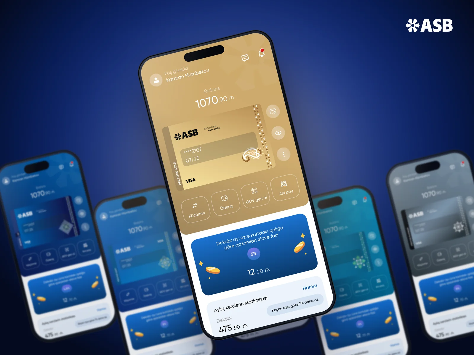 The ASB home screen in Prestige Gold tilted towards the viewer, with the other five card tiers blurred behind it
