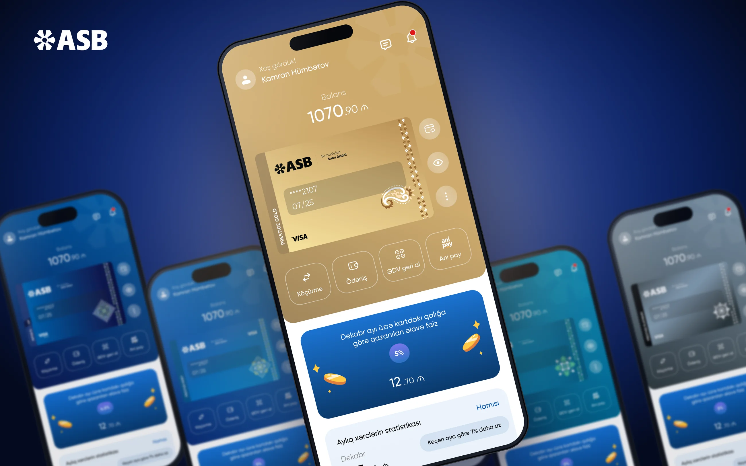 The ASB home screen in Prestige Gold tilted towards the viewer, with the other five card tiers blurred behind it