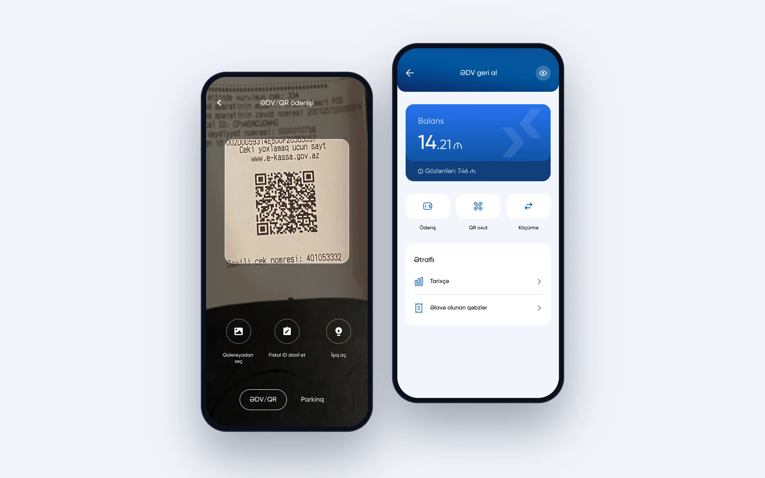 QR scanner reading a till receipt next to the ƏDV refund balance screen