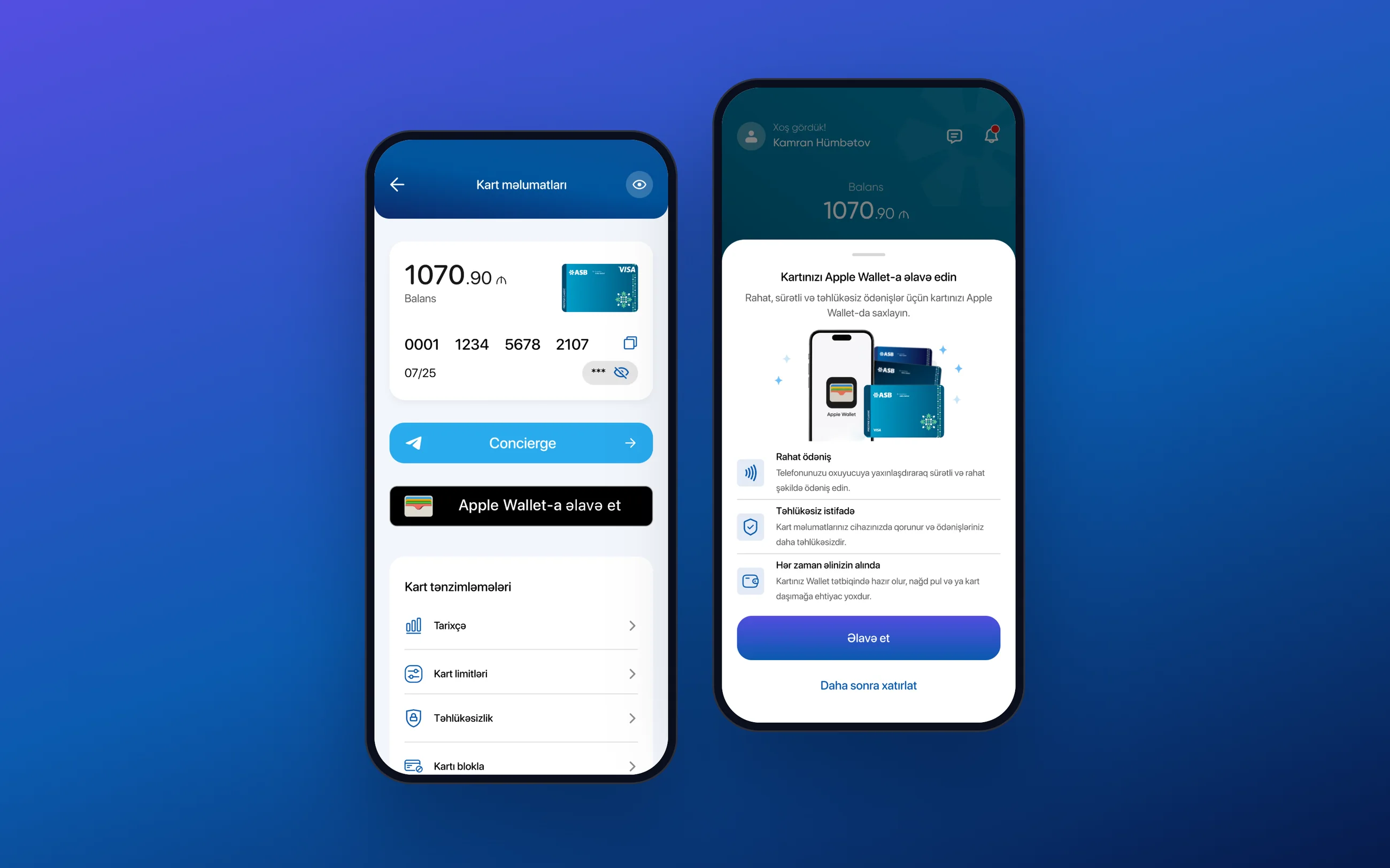 Card details with an Add to Apple Wallet button, and the wallet sheet explaining the benefits