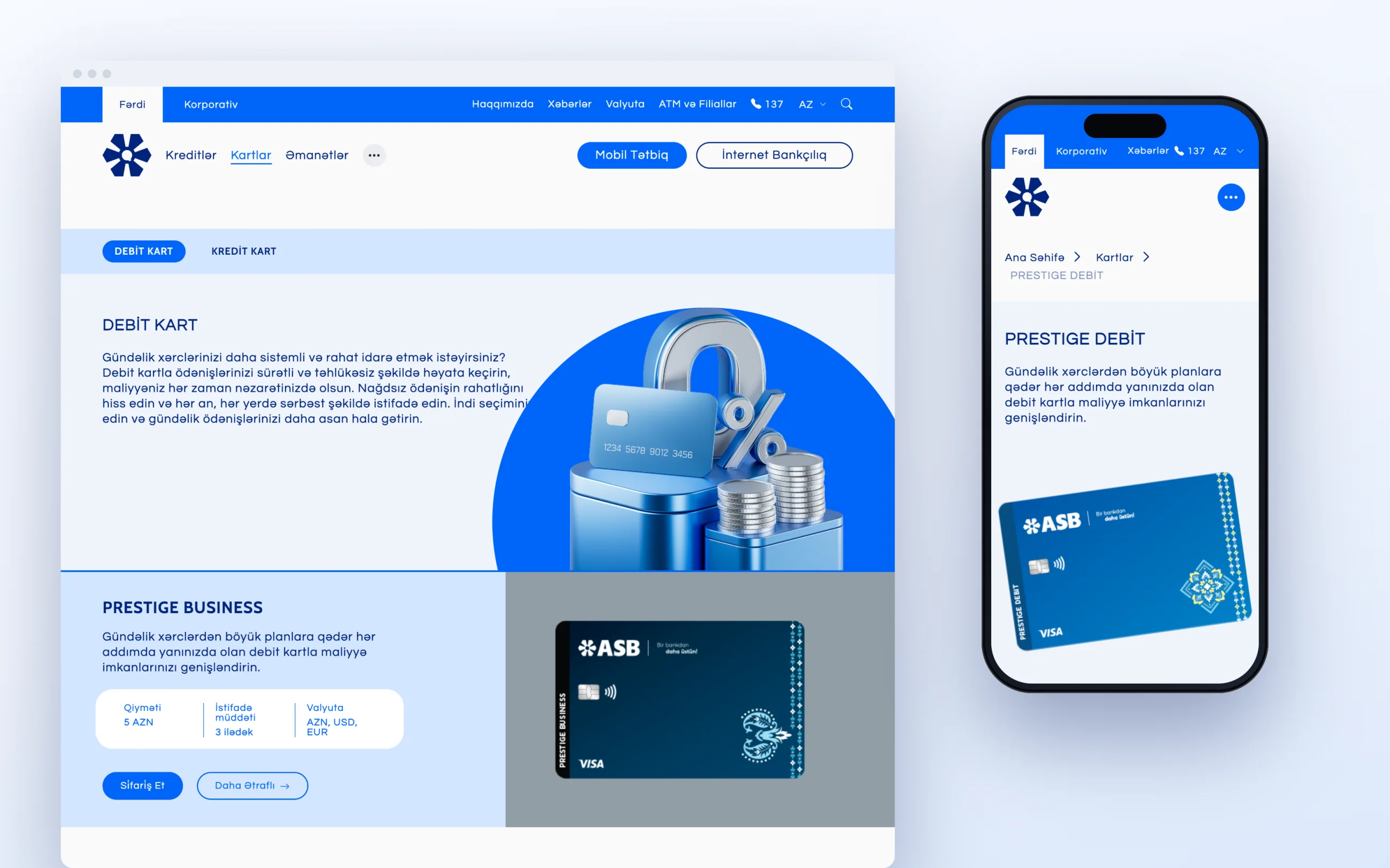 The cards page with debit and credit tabs next to a card page on a phone