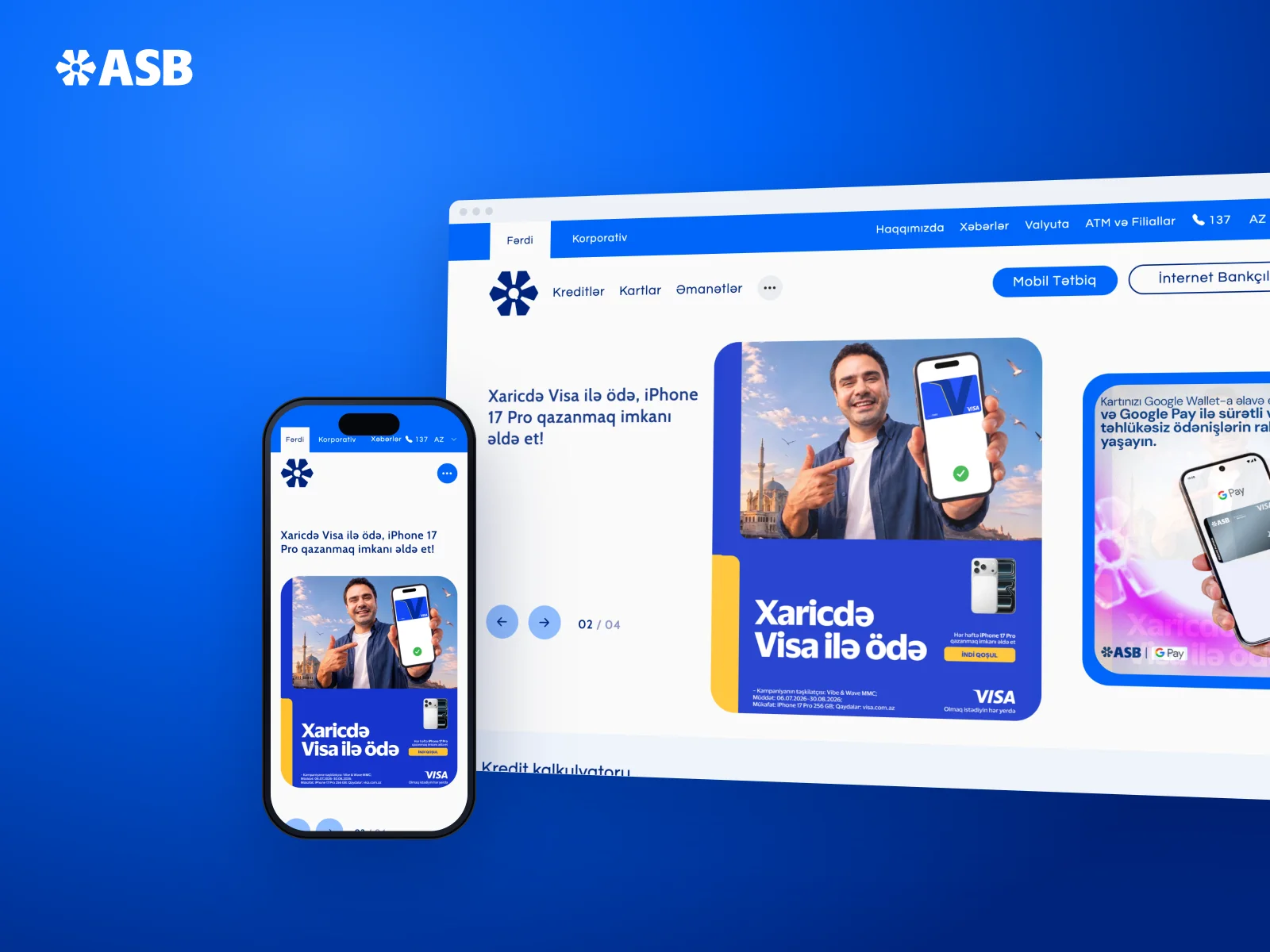 The ASB website on a desktop and a phone, on ASB blue