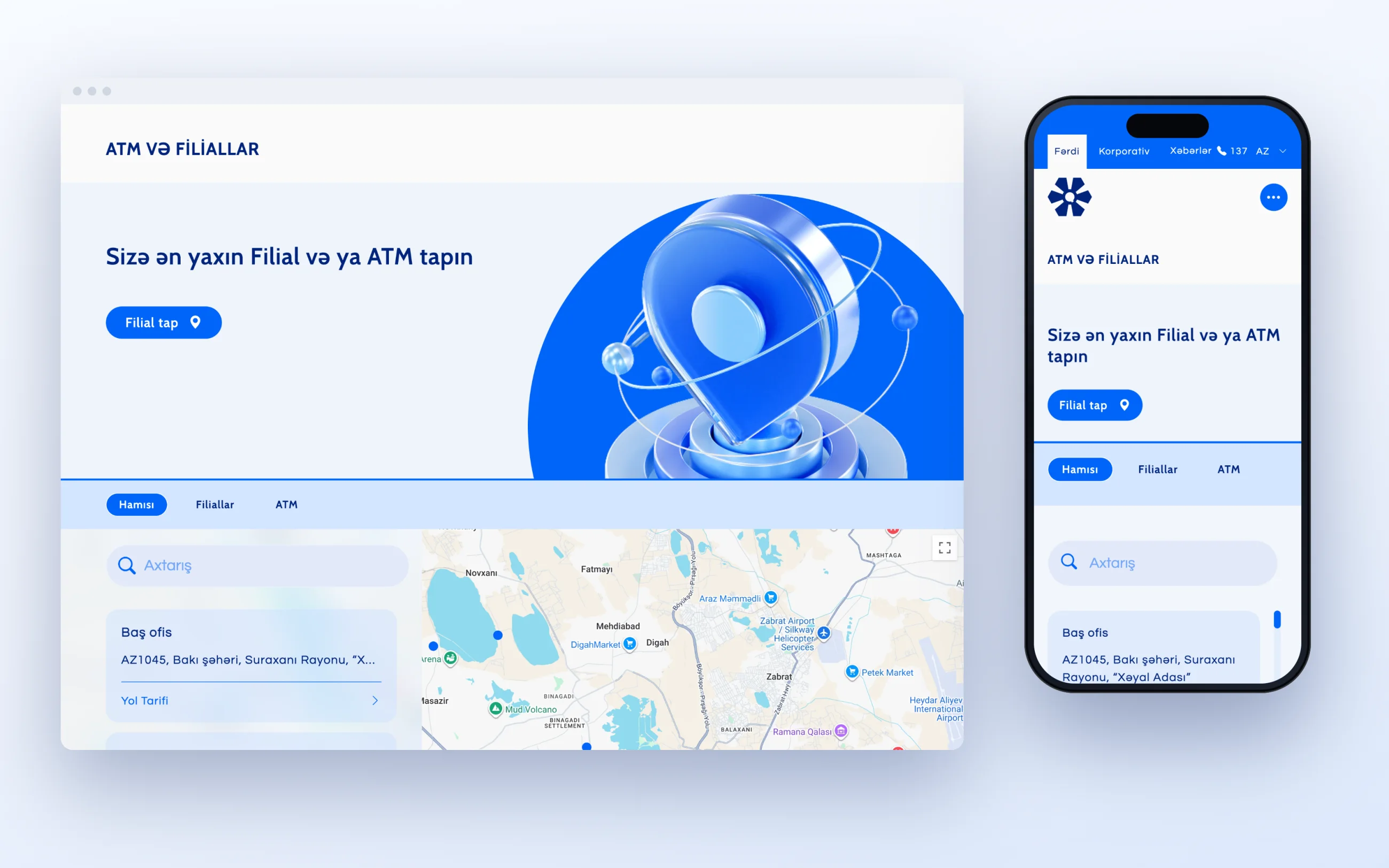 The branch and ATM finder with a map and a search list, on desktop and on a phone