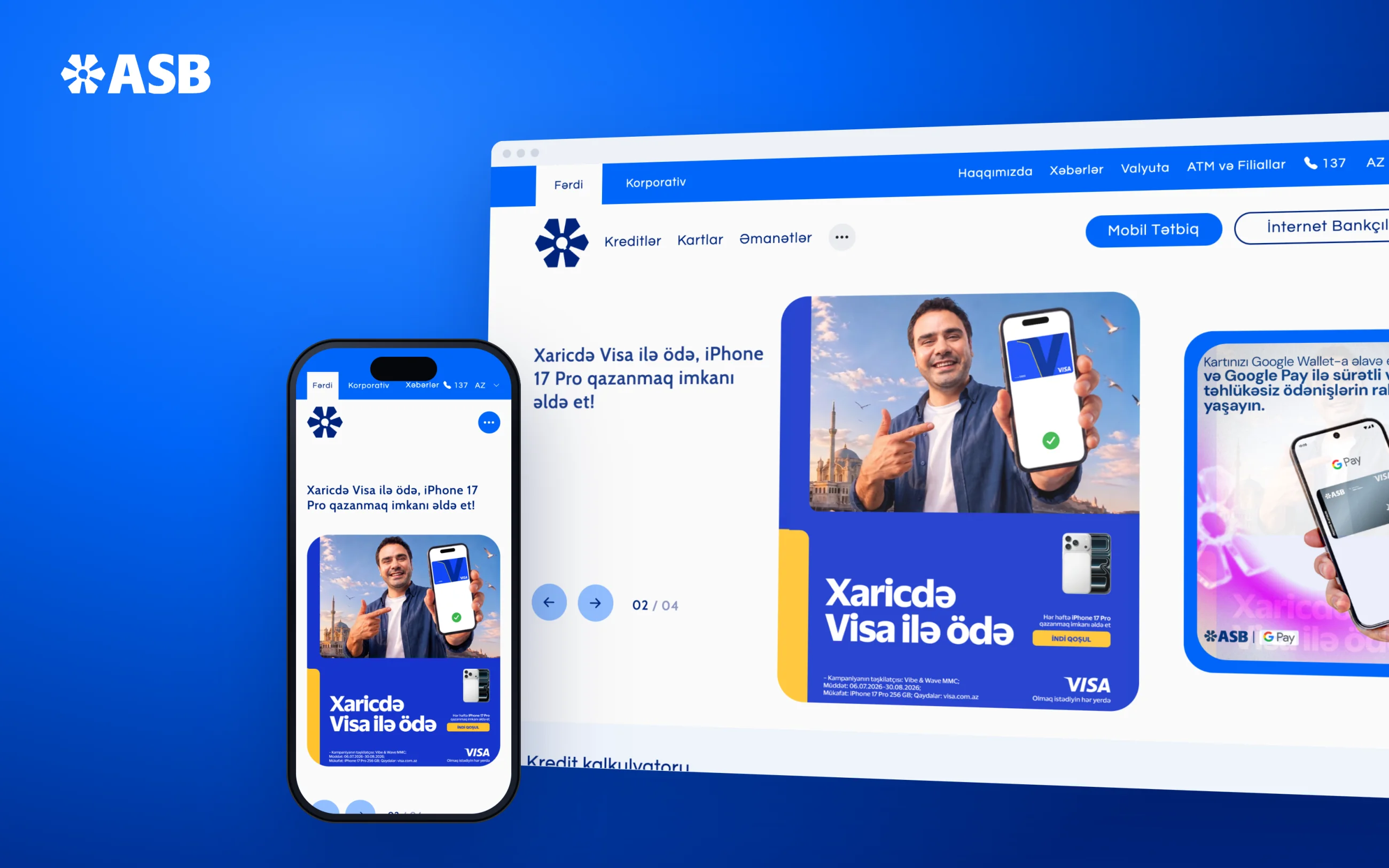 The ASB home page in a browser window and on a phone, on ASB blue