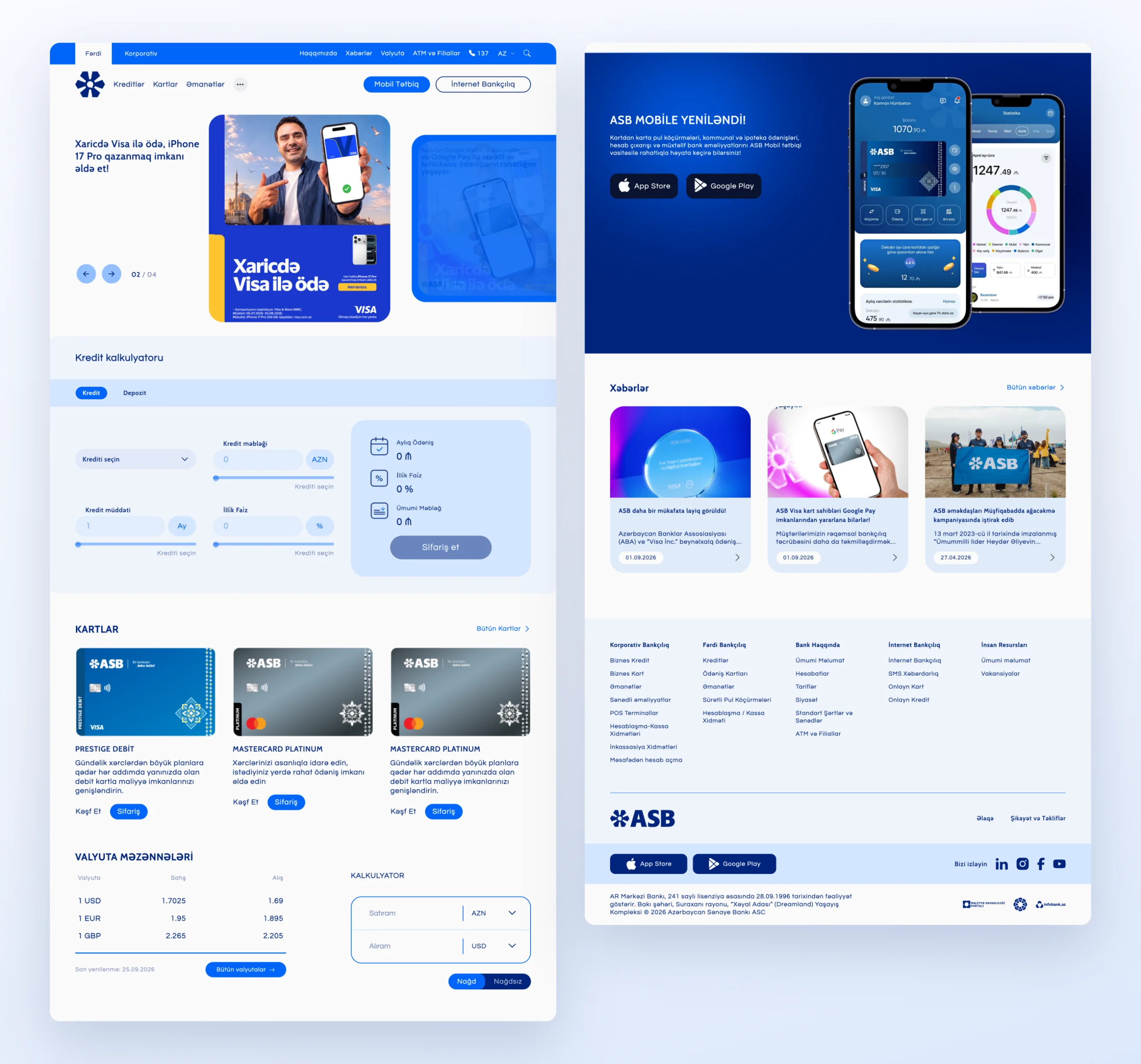 The full home page split into two columns: campaigns, loan calculator, cards, exchange rates, the mobile app, news and footer