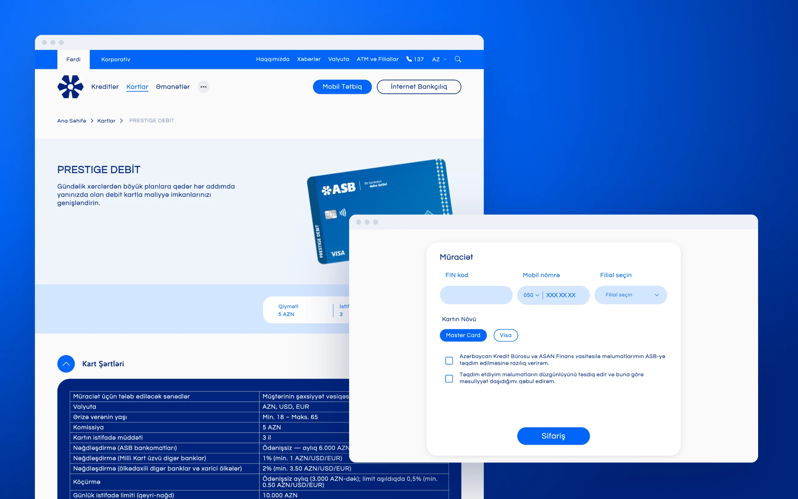 A card page with its full terms in one table and the order form with FIN code, mobile number and branch