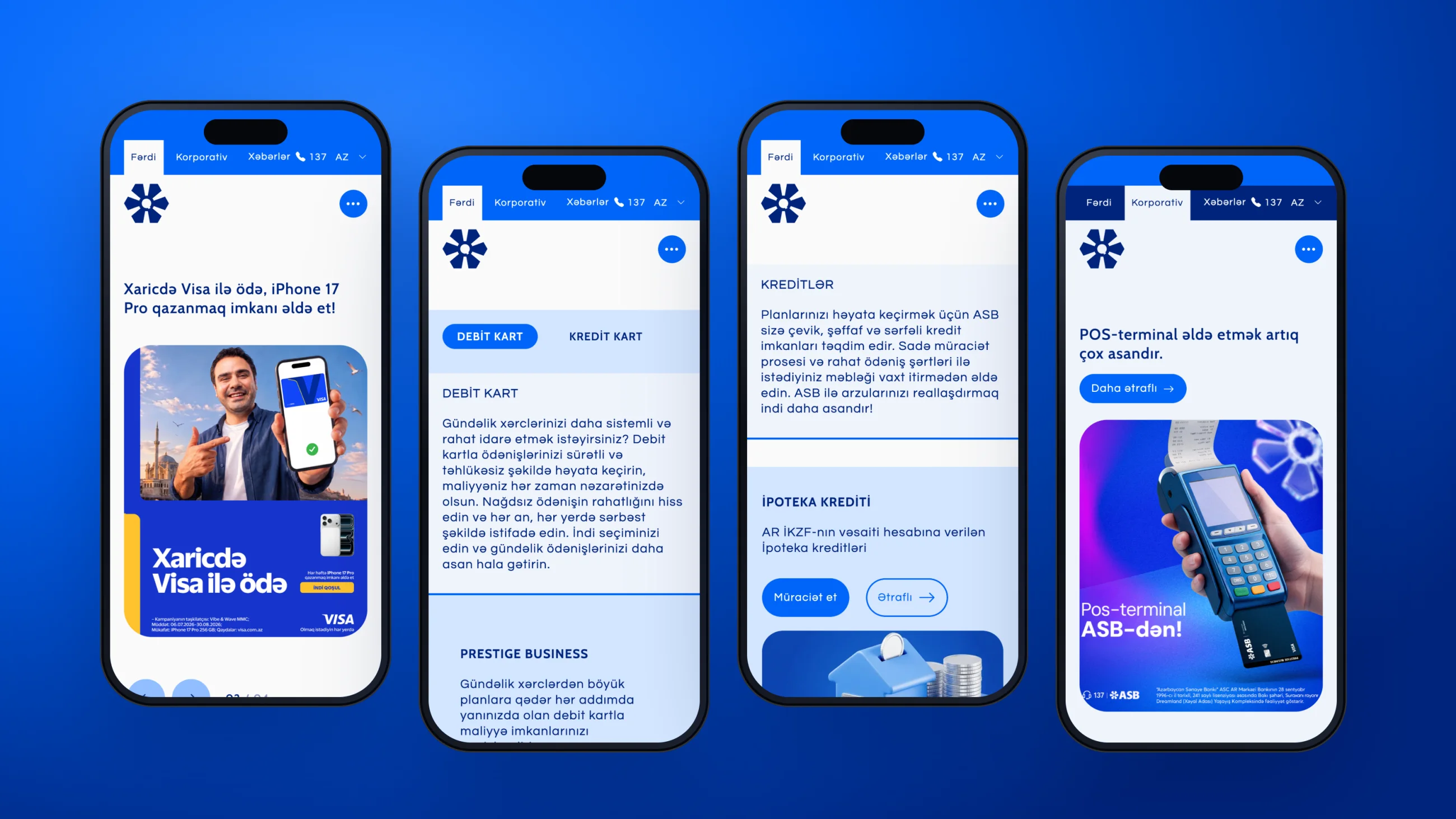 Four phones showing the home page, cards, loans and the corporate home page