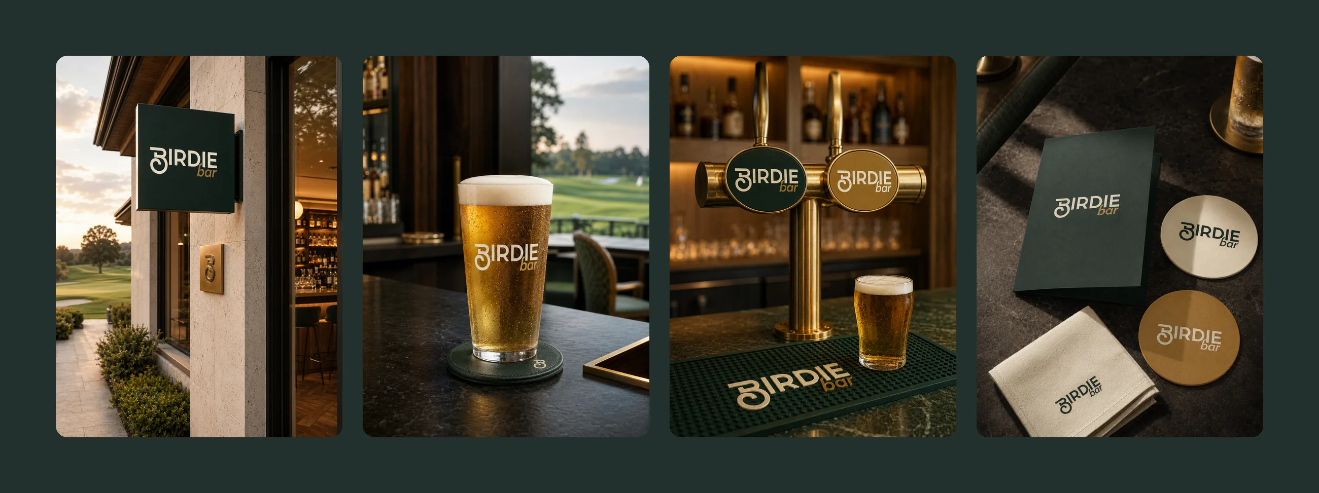Four photographs: the Birdie Bar sign on the building, a branded pint, the beer taps and the menu with coasters and a napkin