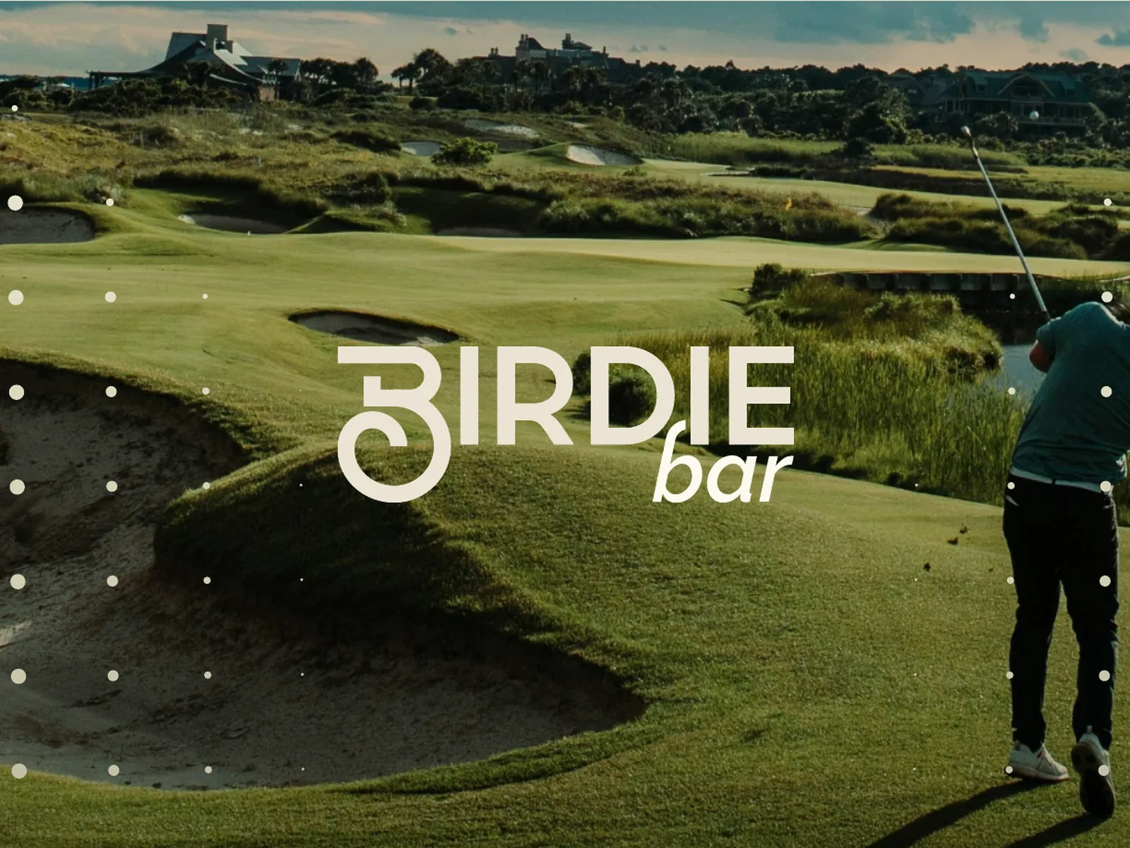 The Birdie Bar logo over a golf course, with the golf-ball dot pattern