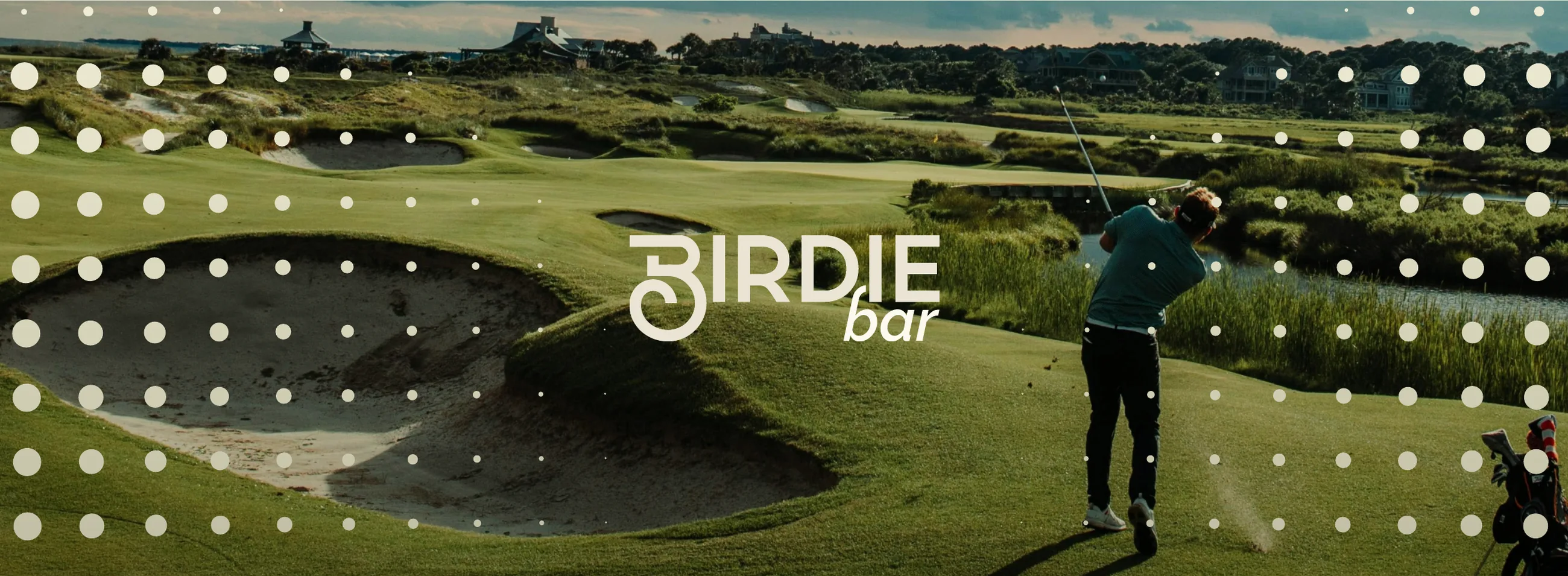 The Birdie Bar logo over a golf course, with the golf-ball dot pattern