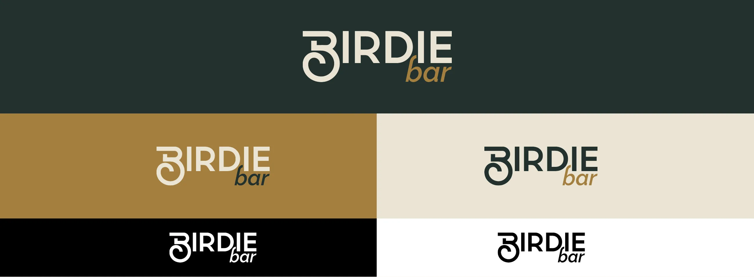 The Birdie Bar logo on Charleston Green, Sandpaper and Neutral Cream, with black and white versions