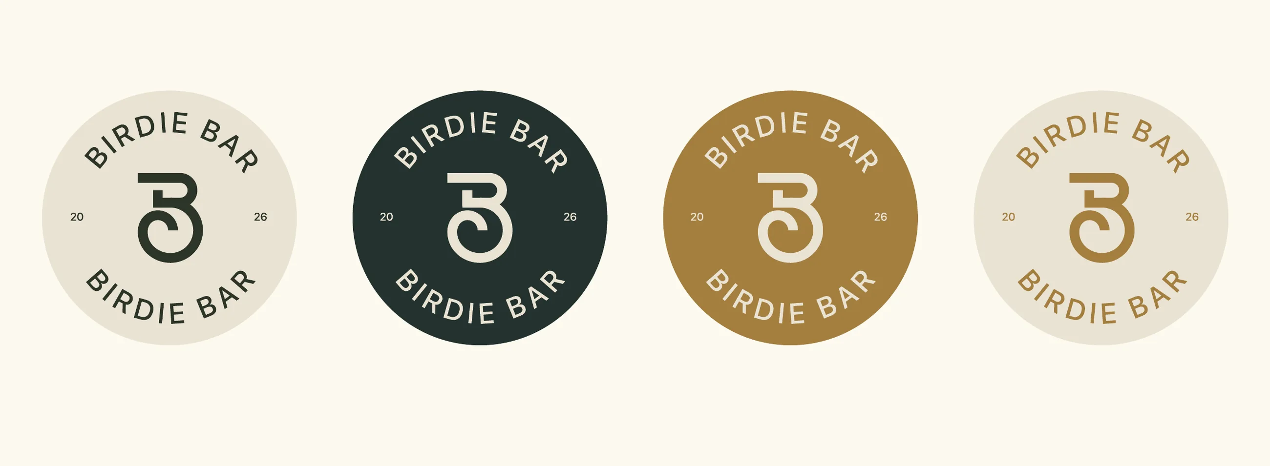 Four round Birdie Bar badges with the B monogram in cream, green and sand