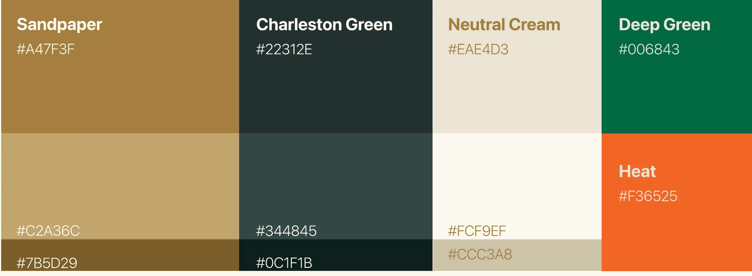 The Birdie Bar palette: Sandpaper, Charleston Green, Neutral Cream, Deep Green and Heat