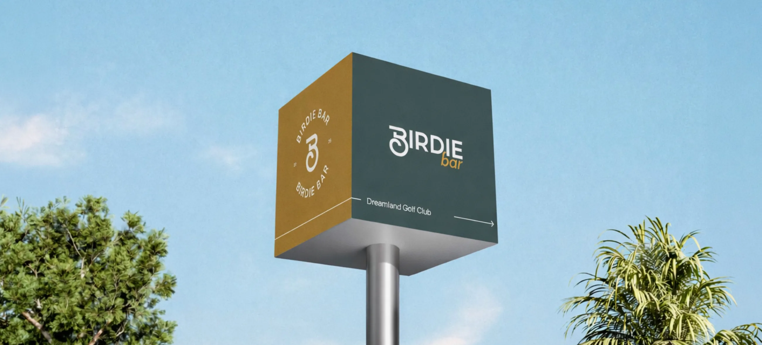The Birdie Bar sign on a pole against the sky, pointing to Dreamland Golf Club
