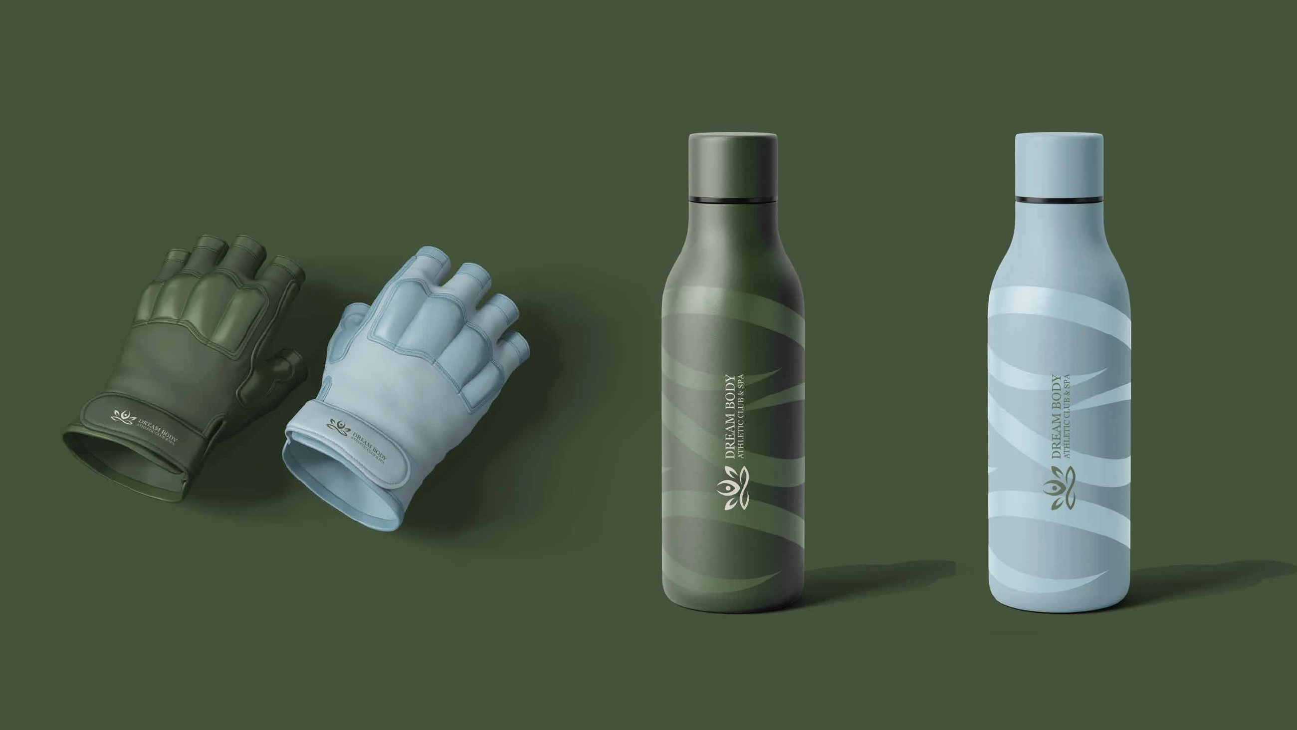 Dream Body gloves and water bottles in green and pale blue