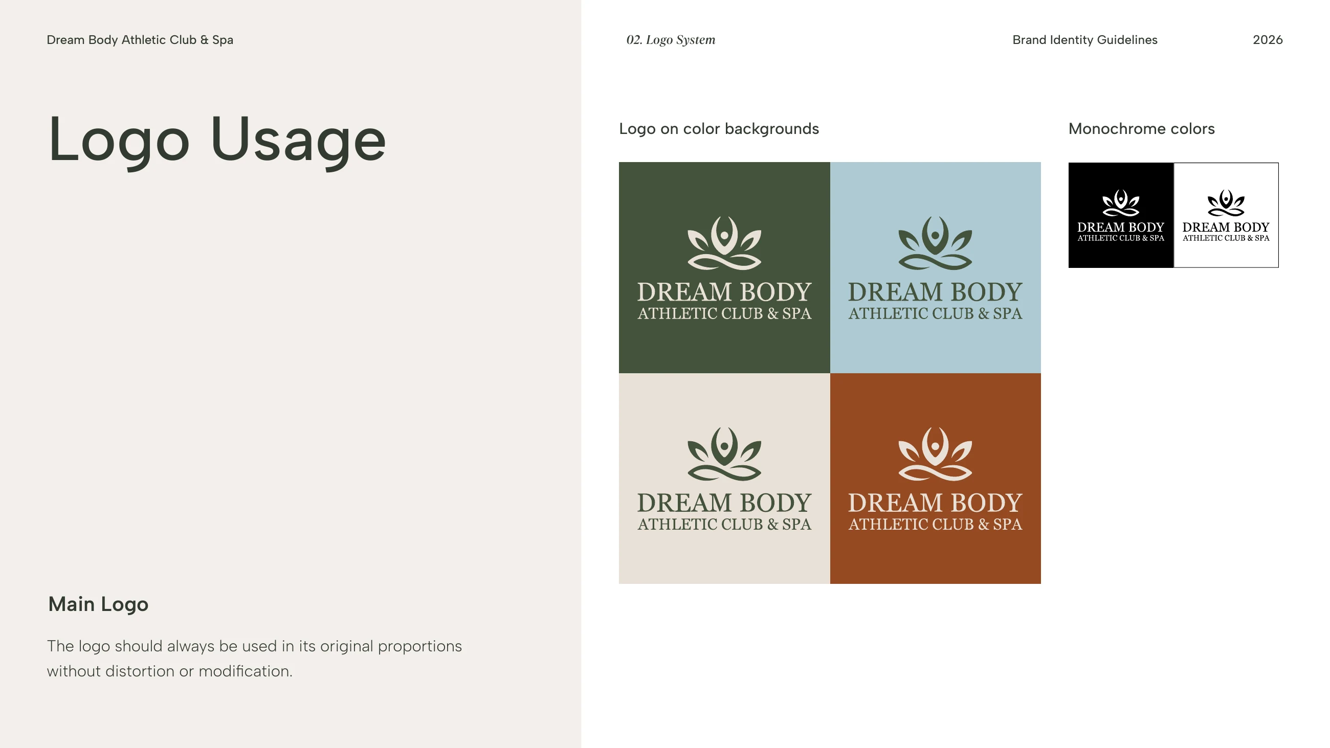 The Dream Body logo on dark green, pale blue, cream and rich brown, with the monochrome versions
