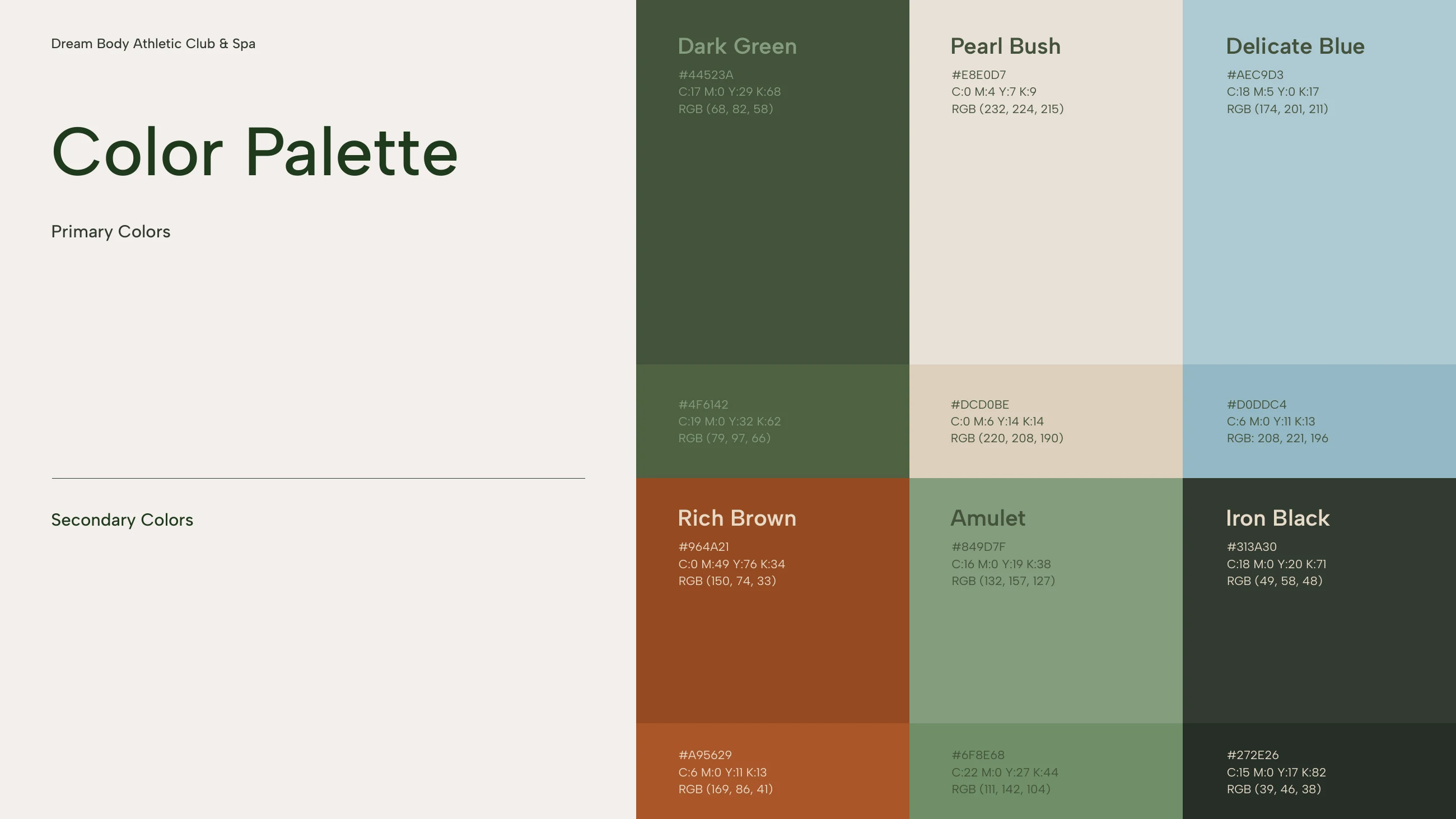 The Dream Body colour palette: Dark Green, Pearl Bush and Delicate Blue with Rich Brown and Iron Black