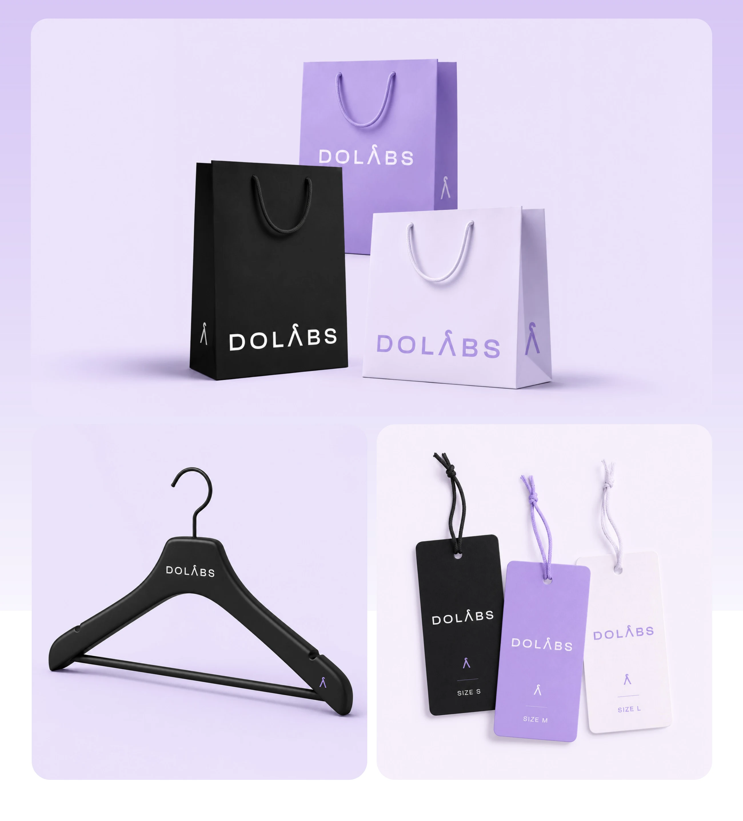 Dolabs shopping bags, a black hanger and swing tags in black, lilac and white