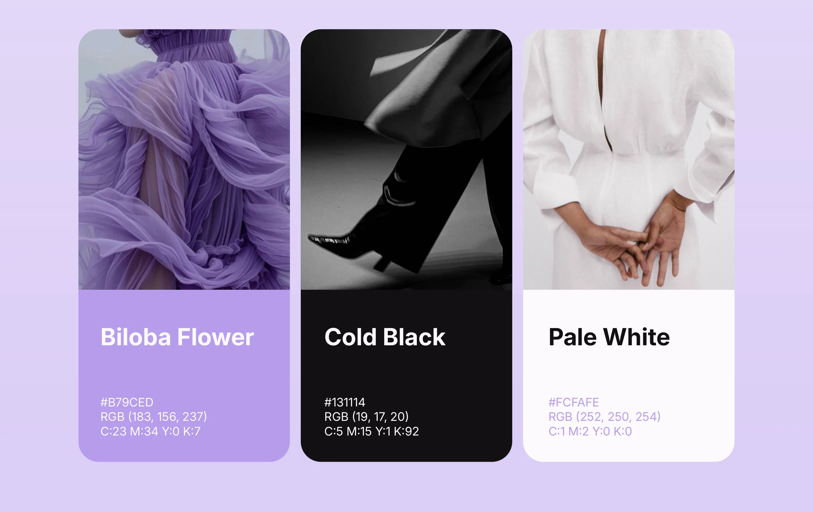The Dolabs palette: Biloba Flower, Cold Black and Pale White, each with a fashion photograph