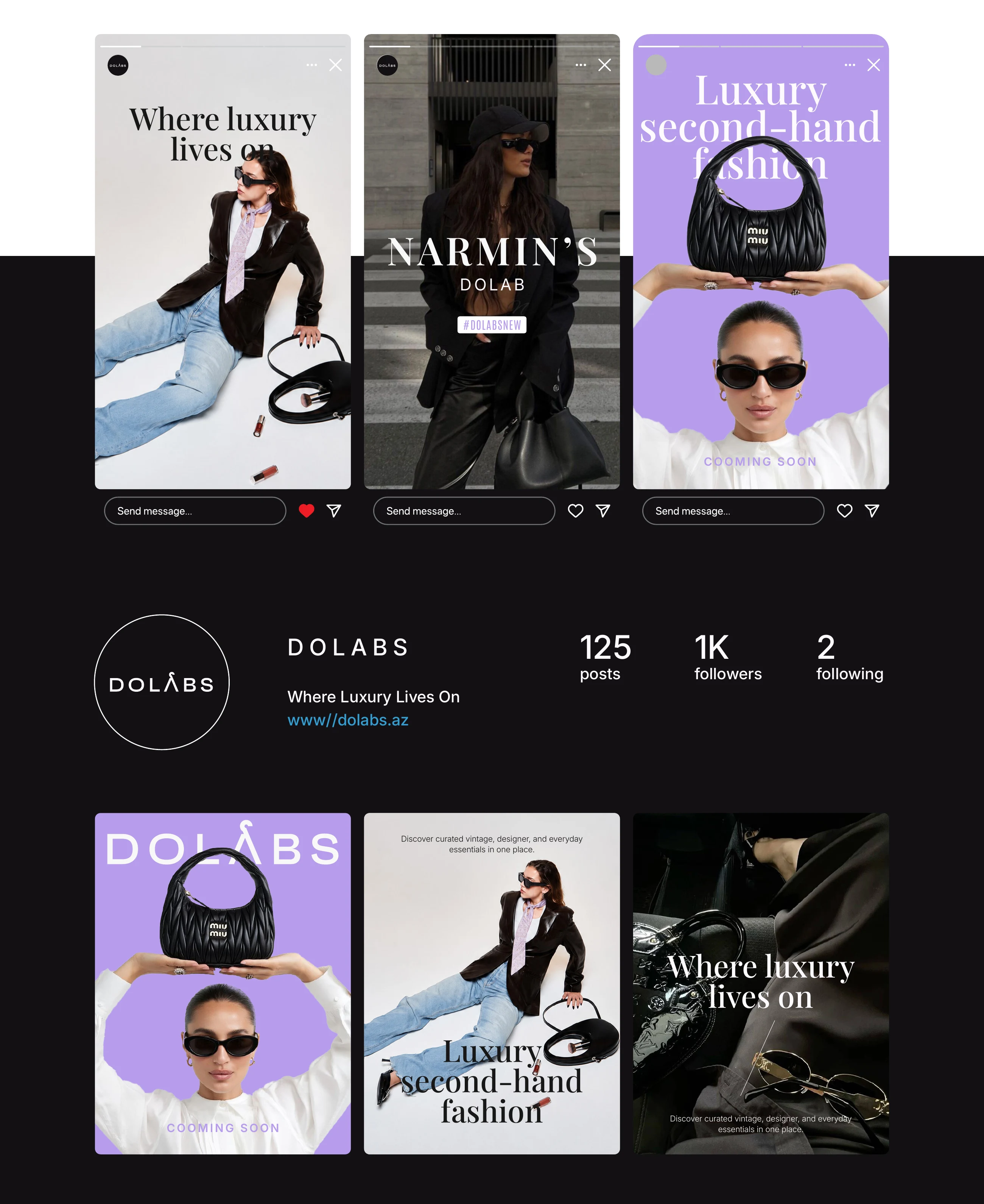 Dolabs Instagram stories, profile and posts in black, white and lilac