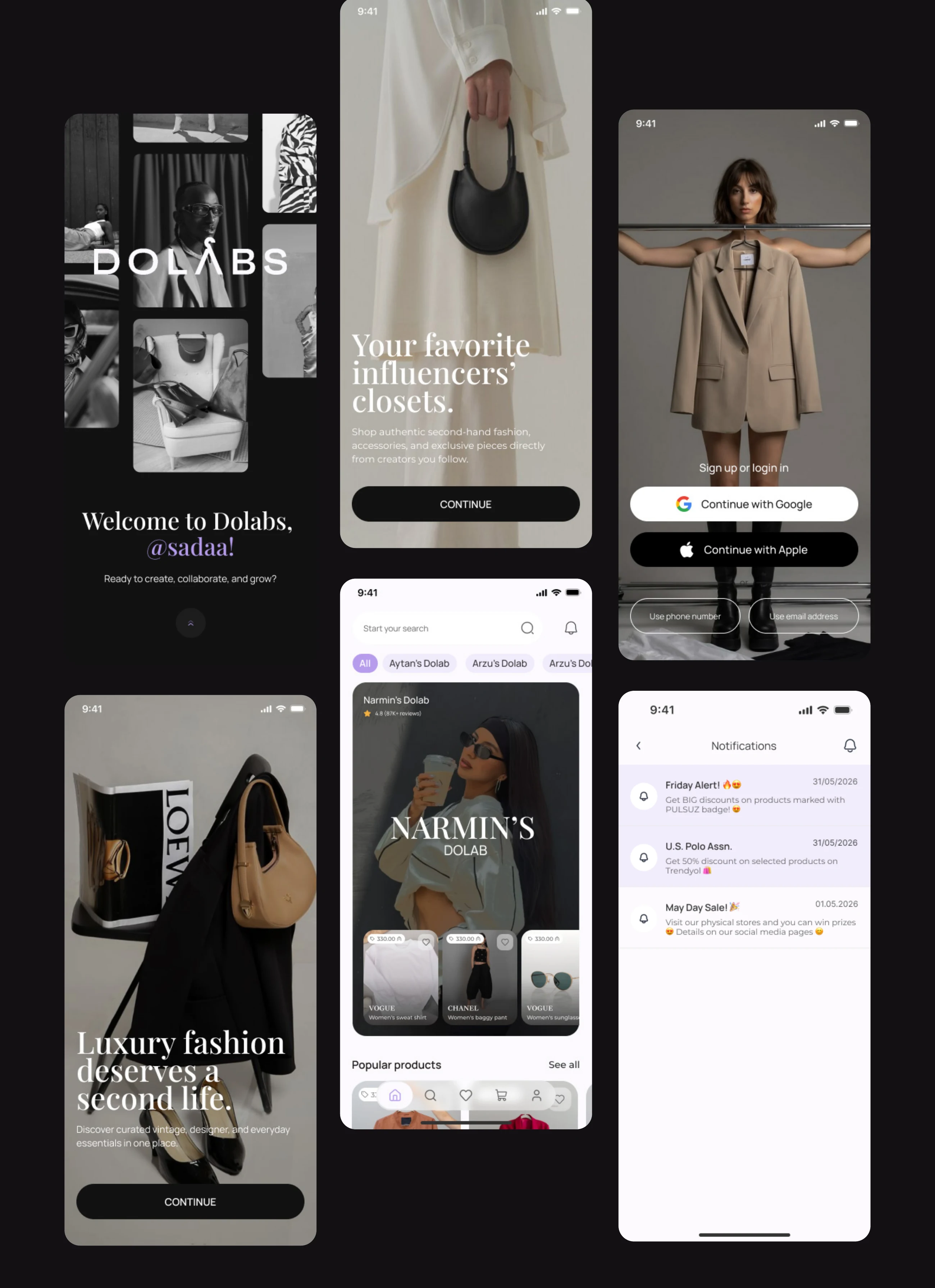 Dolabs app screens: welcome, onboarding, sign in, an influencer closet, notifications
