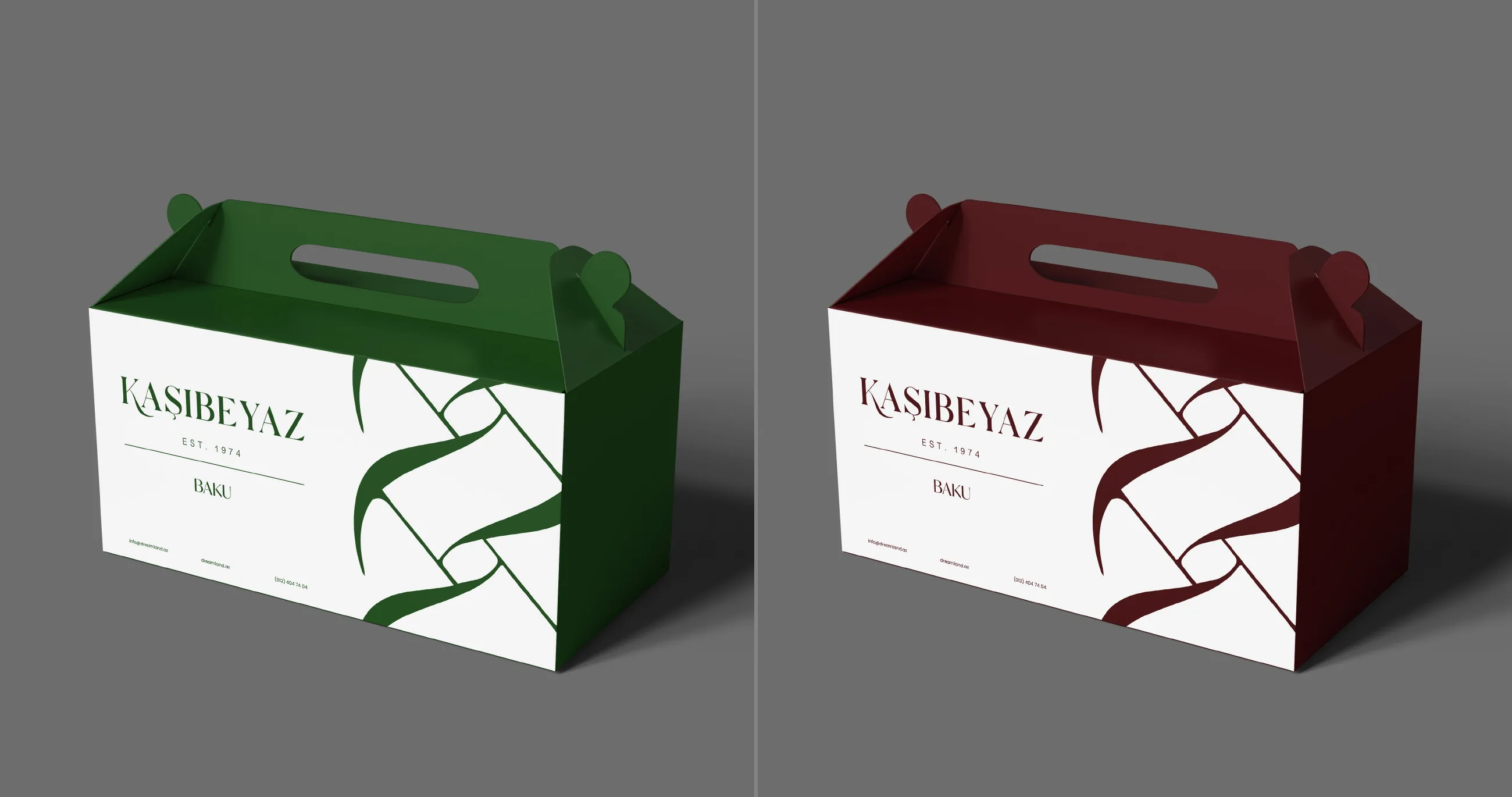 Takeaway boxes in green and wine red with the ribbon pattern