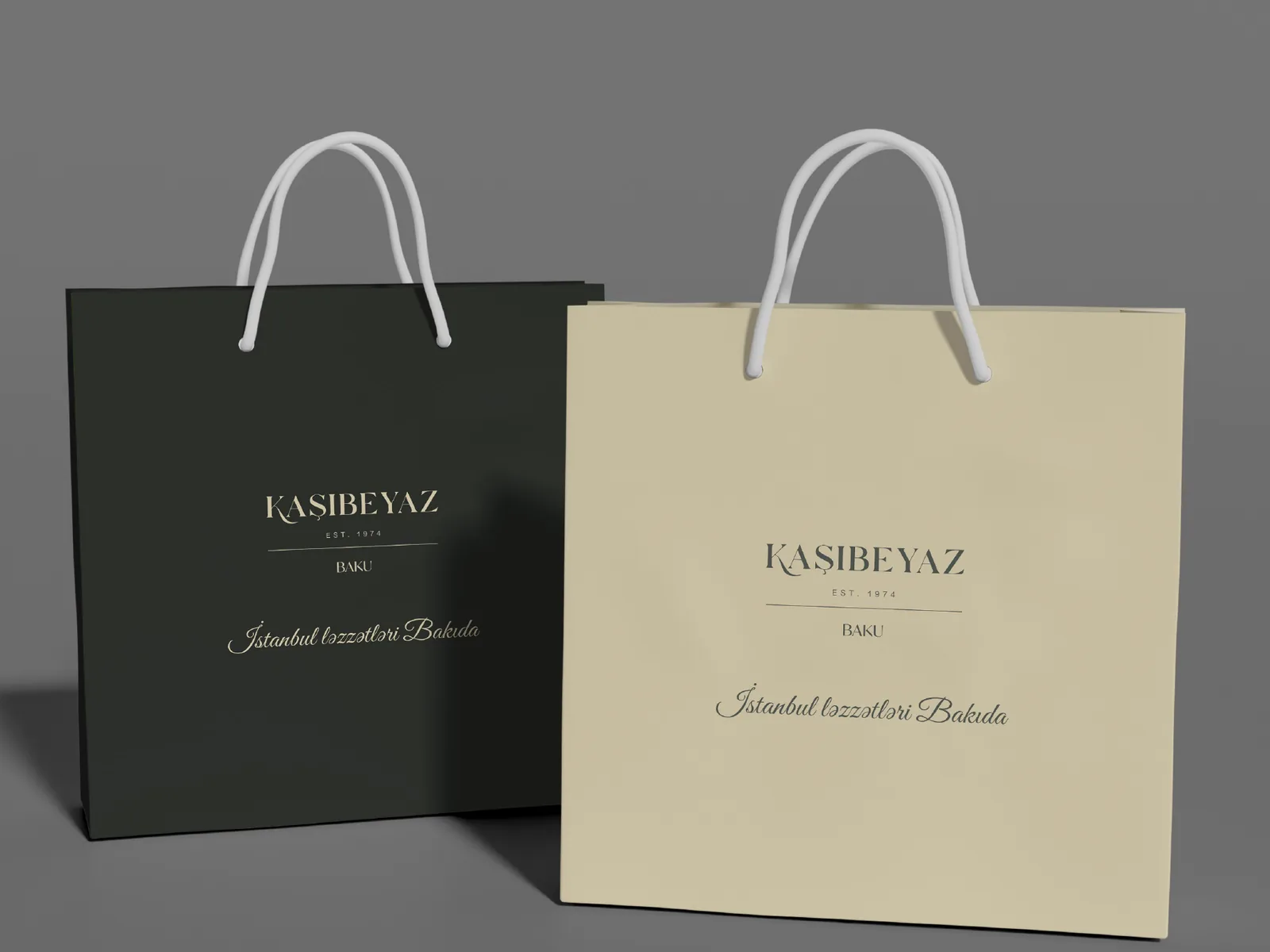 Kaşıbeyaz shopping bags in black and cream with the logo and the script line