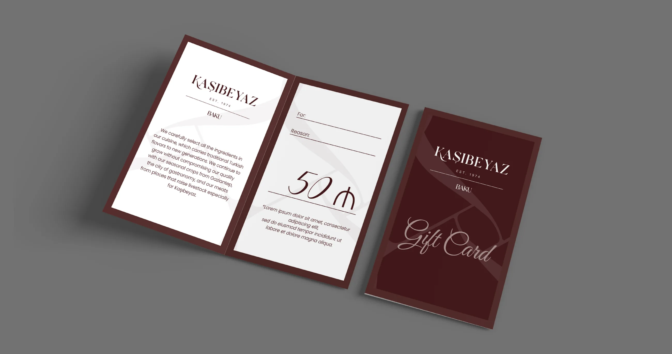 A Kaşıbeyaz gift card in wine red with its folder