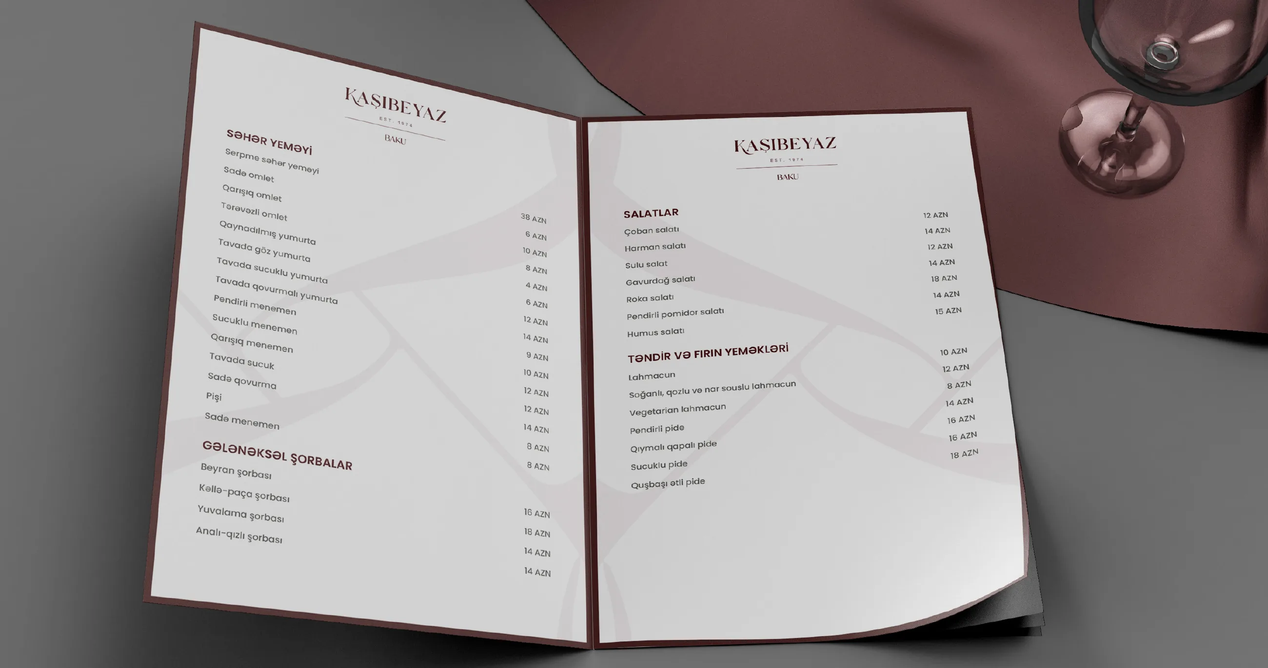 The Kaşıbeyaz menu, open, in white with wine red details