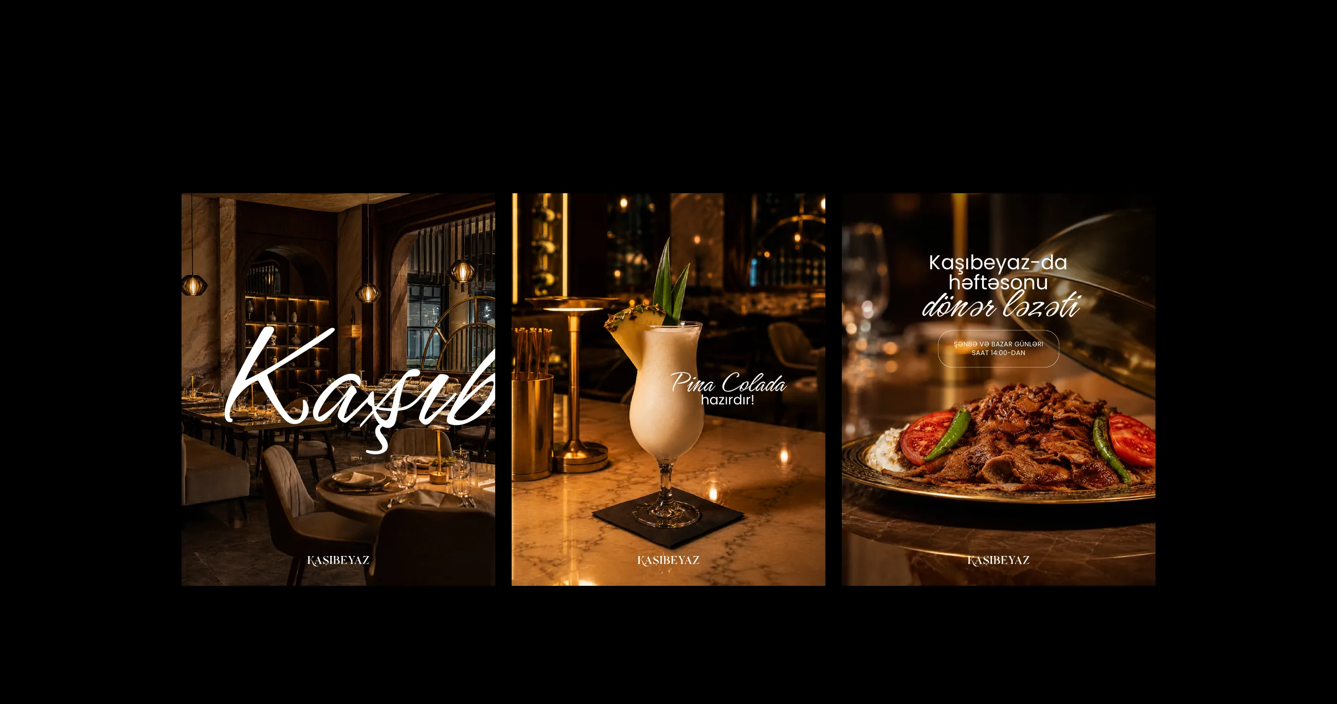 Three Kaşıbeyaz Instagram posts with the restaurant, a piña colada and döner
