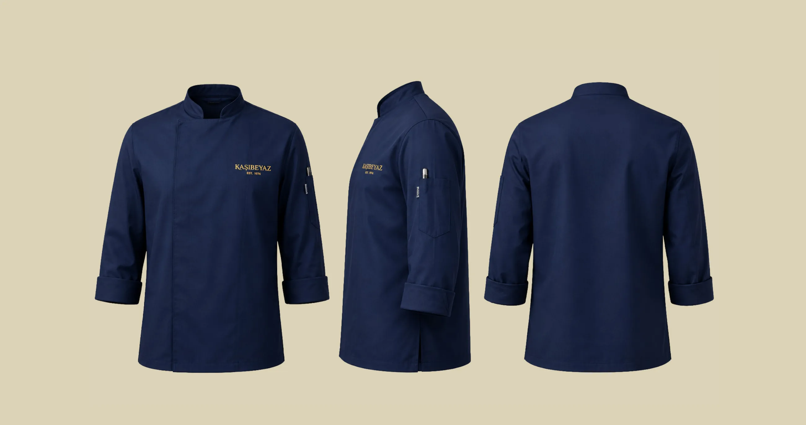A navy chef jacket with the Kaşıbeyaz logo from the front, side and back