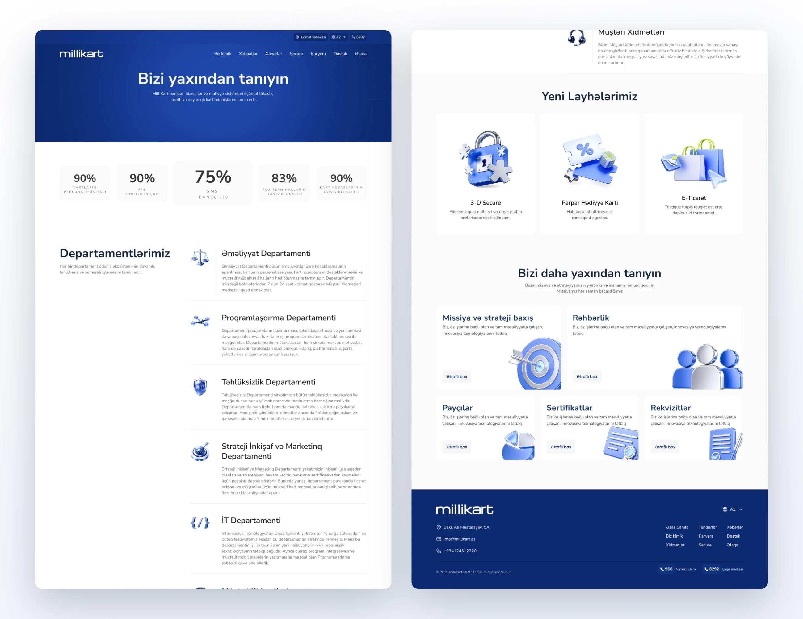 The Millikart about page in two columns: departments, new projects and company information