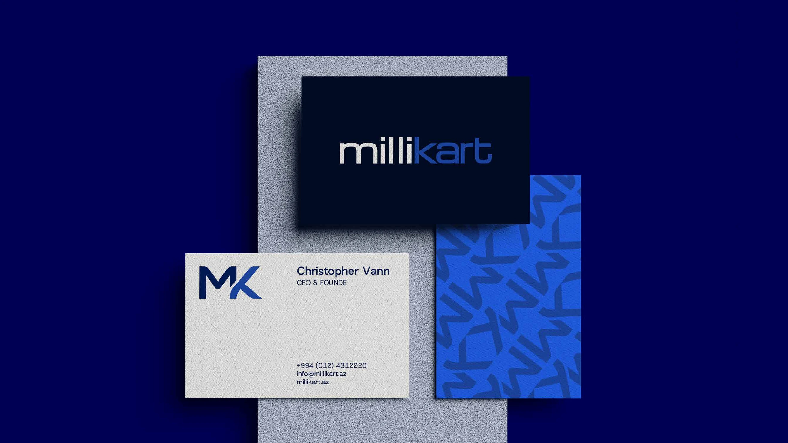 Millikart business cards in navy, white and blue with the MK monogram and the pattern