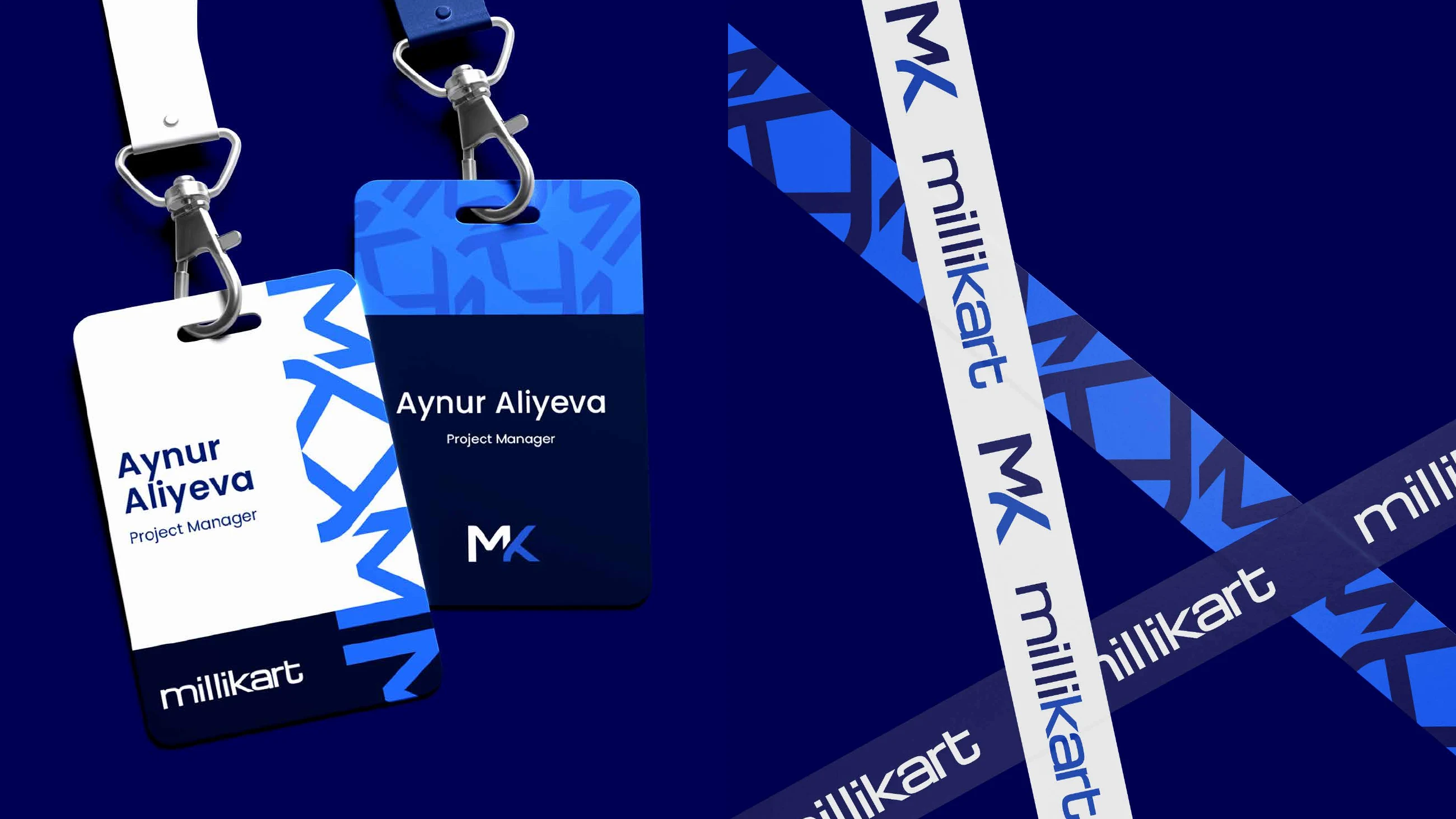 Staff badges and lanyards in white and navy with the Millikart wordmark and monogram
