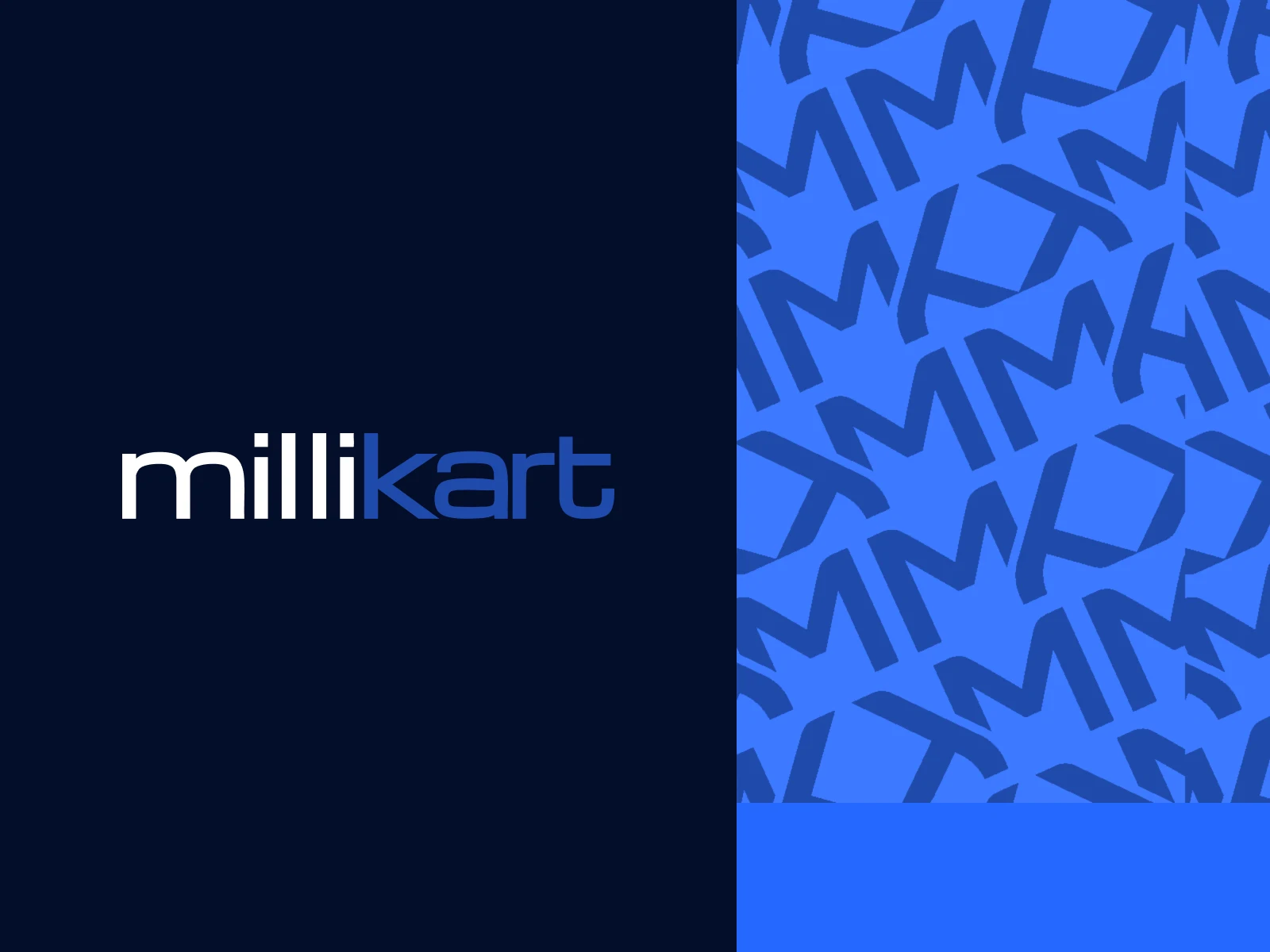 Millikart business cards in navy, white and blue with the MK monogram and the pattern