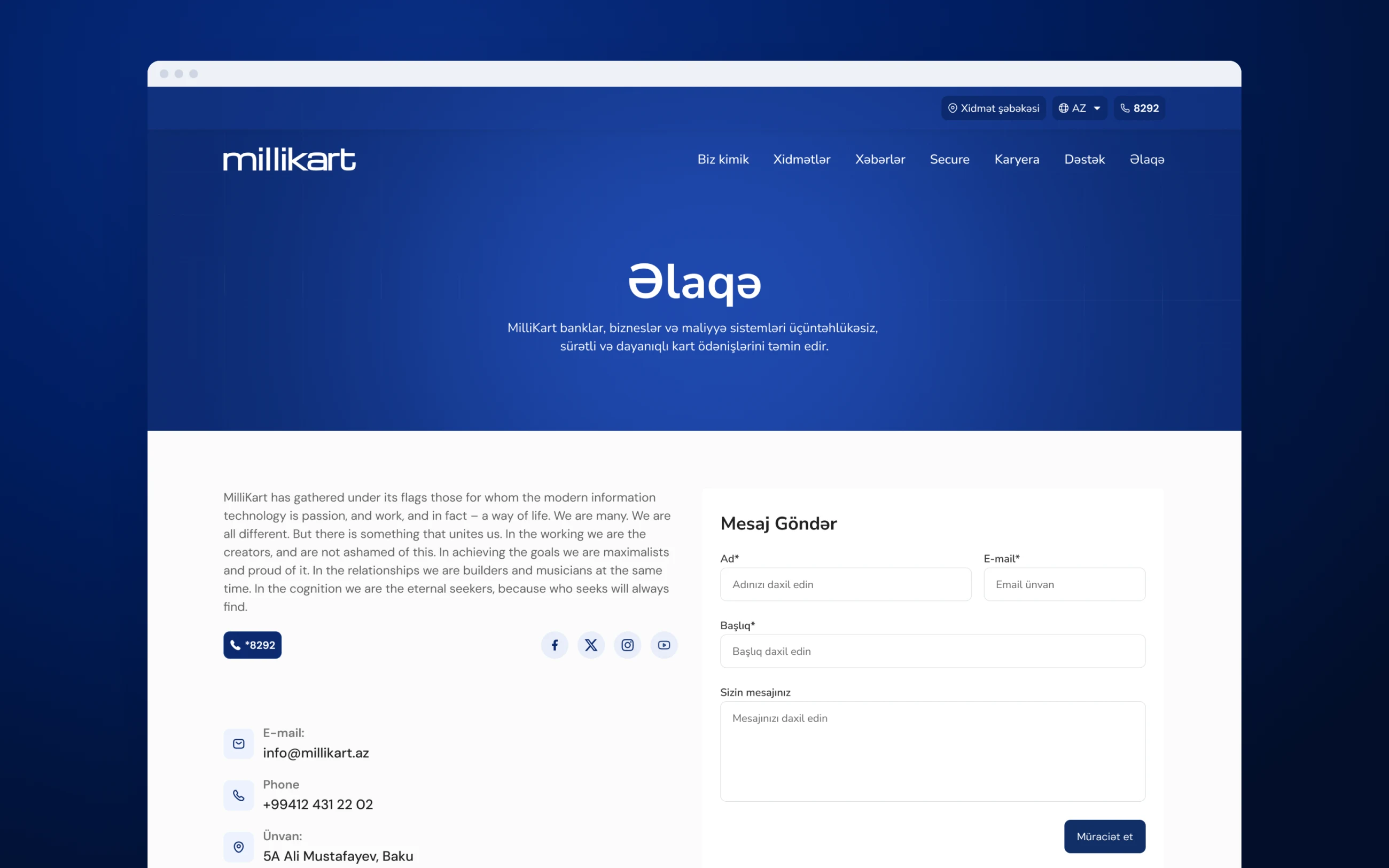 The Millikart contact page with the contact details and a message form