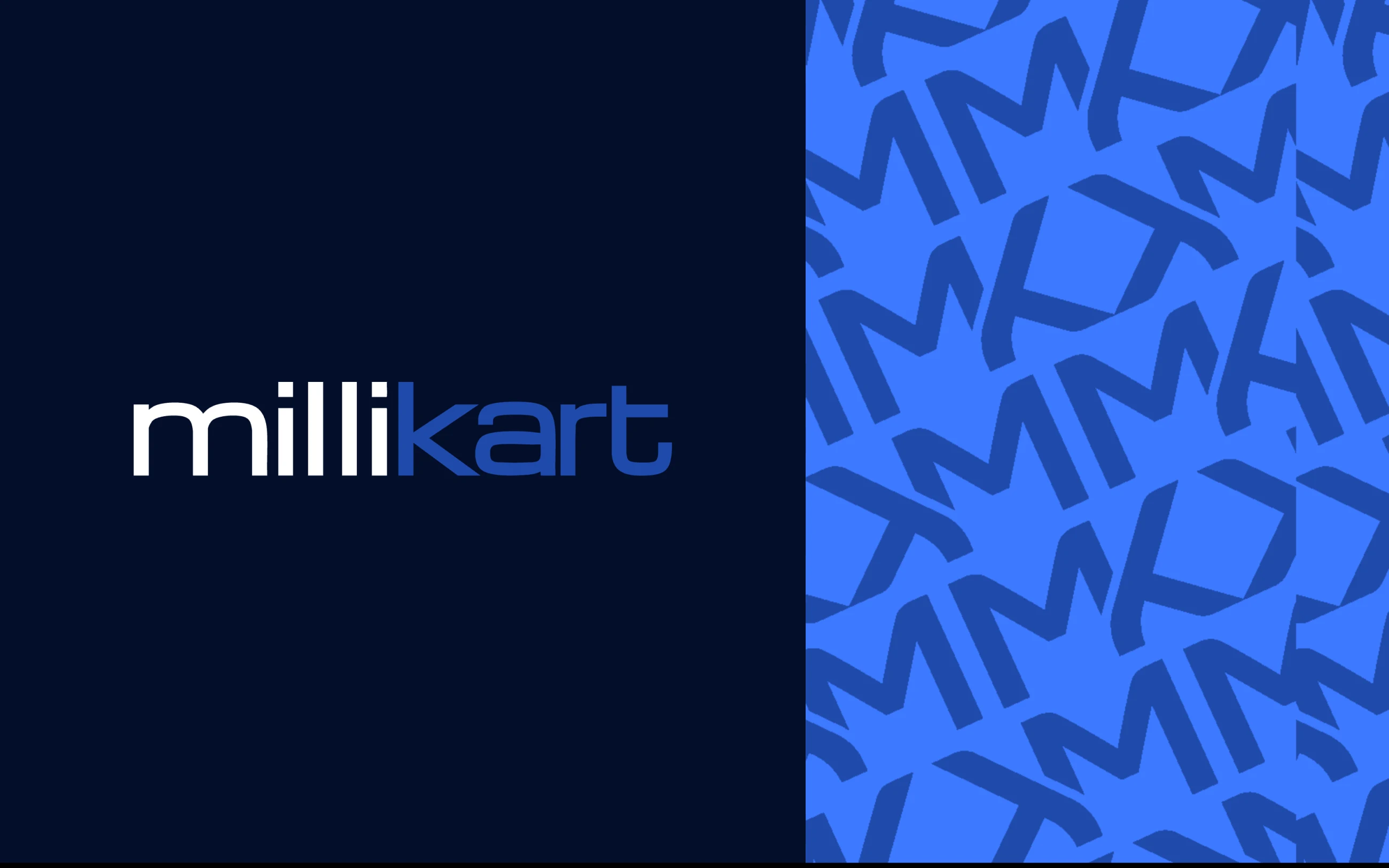 The Millikart wordmark in white and blue on dark navy, next to the blue monogram pattern