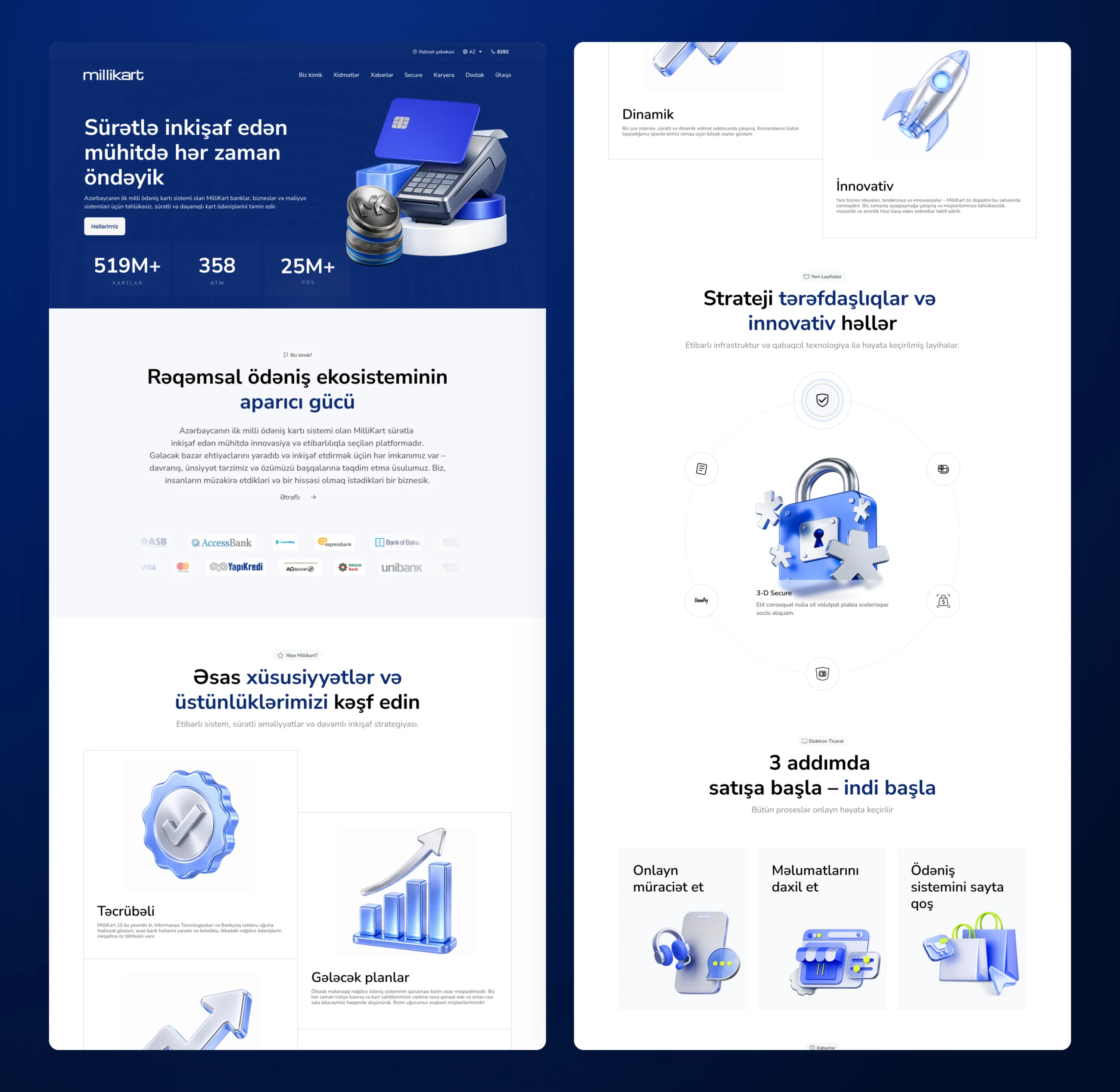 The Millikart home page in two columns: hero, payment ecosystem, partner banks, features, strategic partnerships and a three step start for merchants