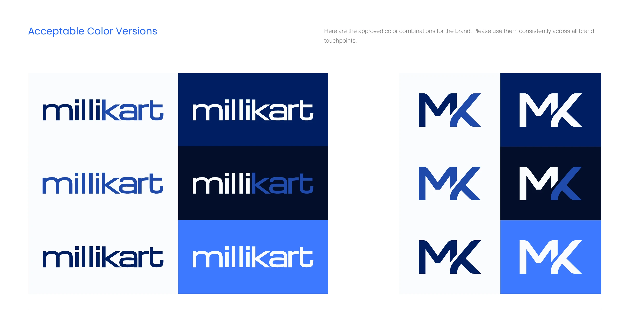 The approved colour versions of the Millikart wordmark and the MK monogram on white, navy, dark and blue