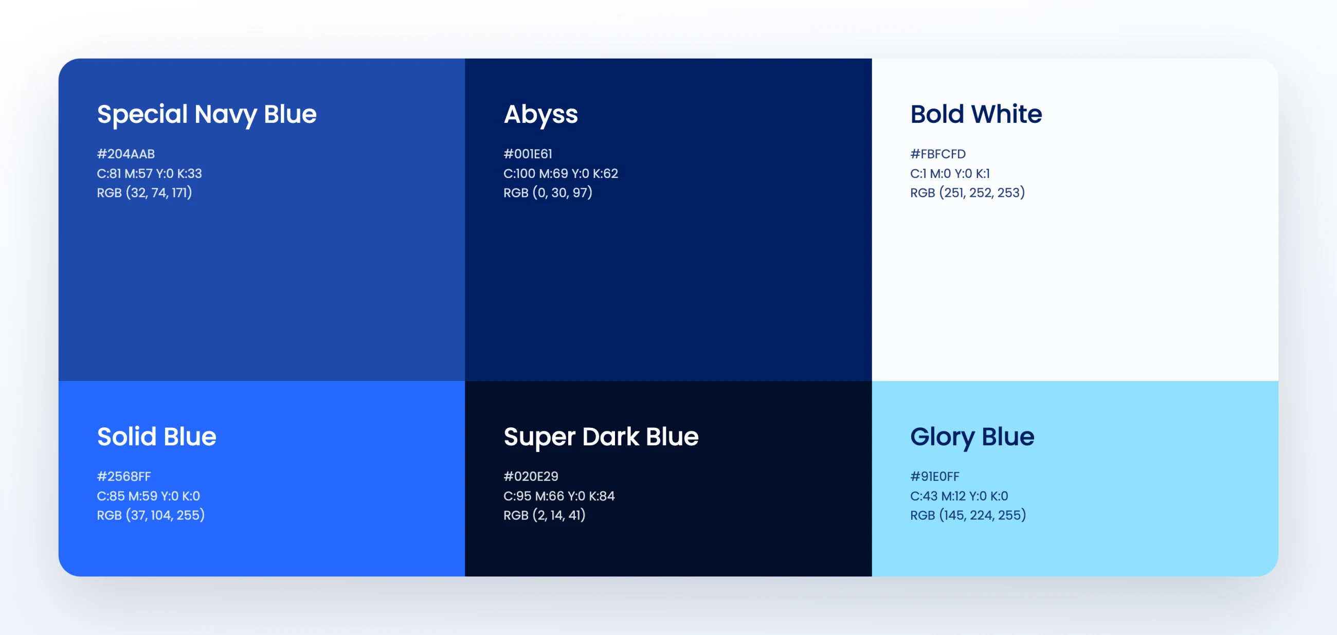 The Millikart colour palette: Special Navy Blue, Abyss, Bold White, Solid Blue, Super Dark Blue and Glory Blue