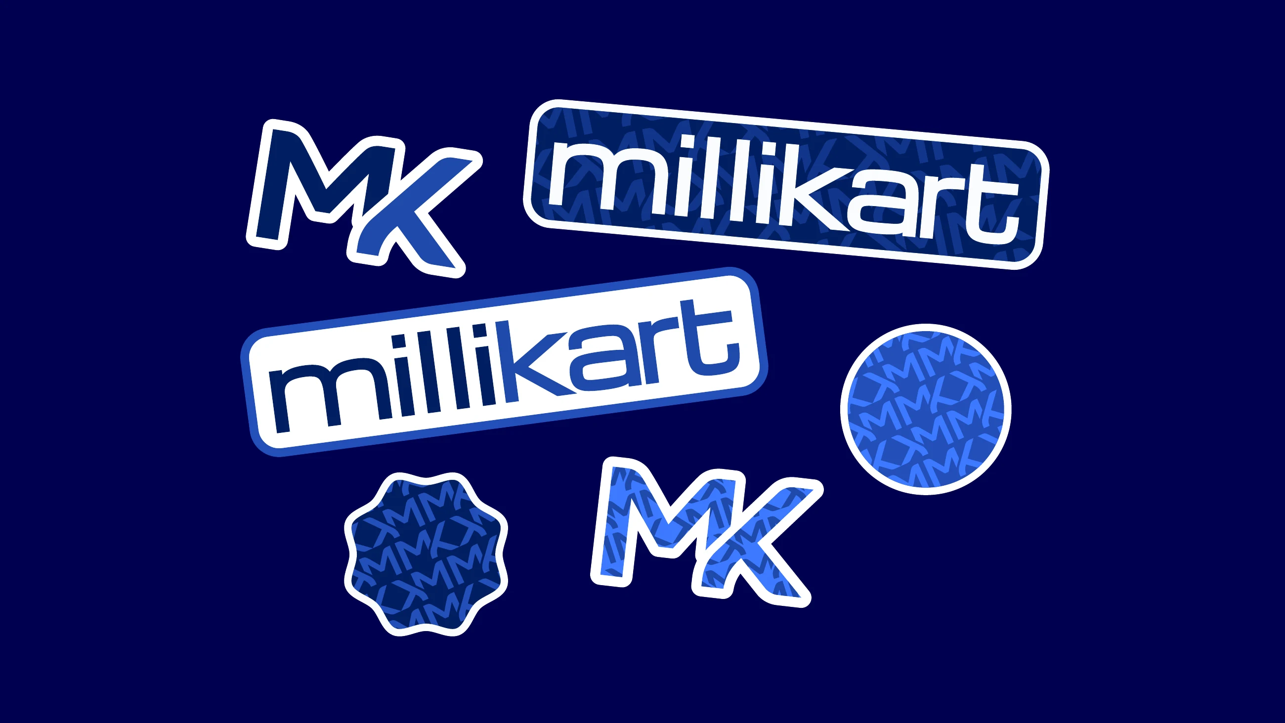 Millikart stickers: the wordmark, the monogram and pattern badges