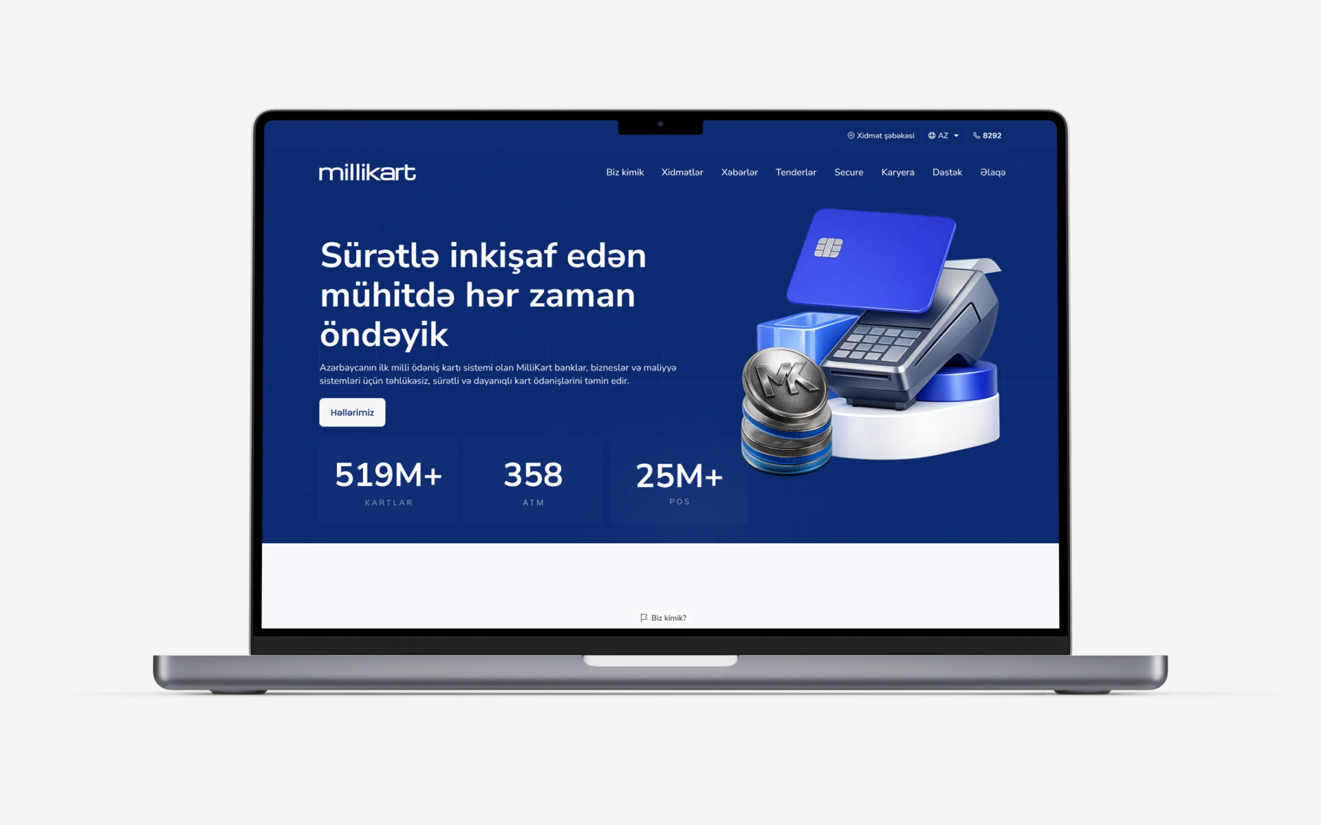 The new Millikart website on a laptop: a navy hero with a card, a terminal and a coin with the monogram