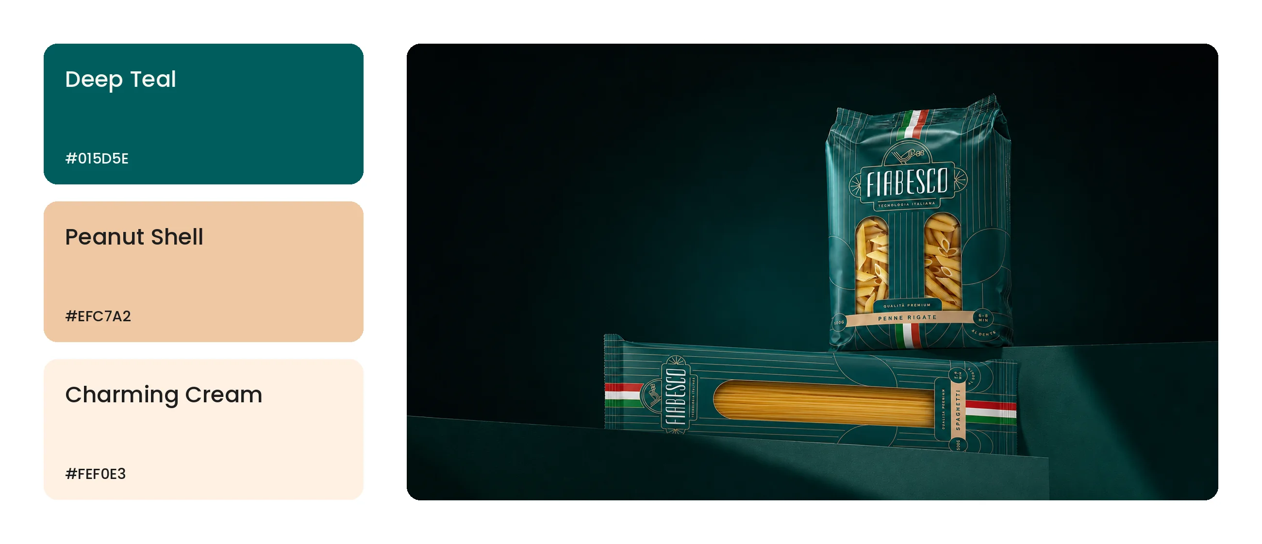 The Fiabesco palette beside spaghetti and penne packs in low light