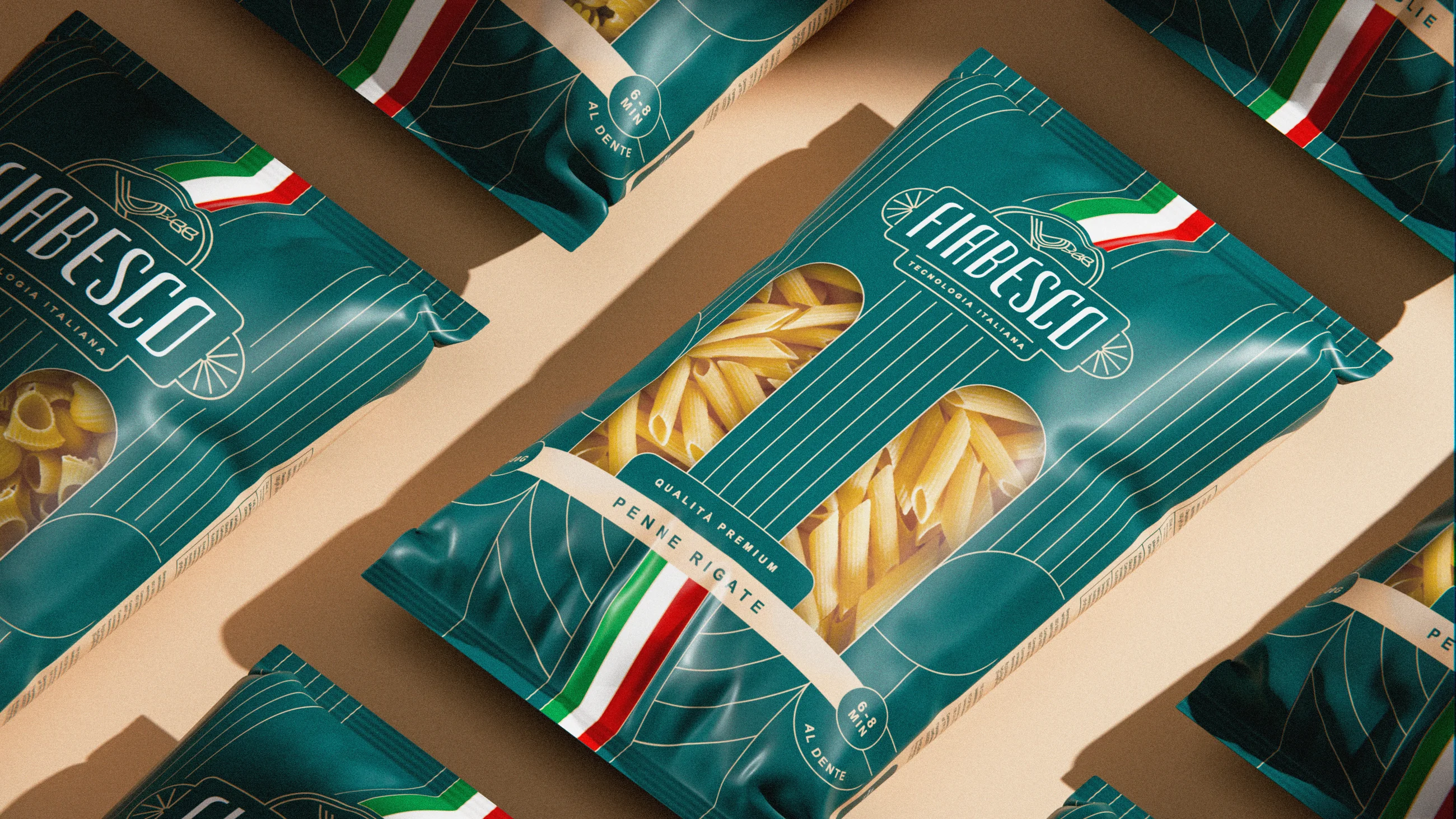 Rows of Fiabesco penne packs laid diagonally
