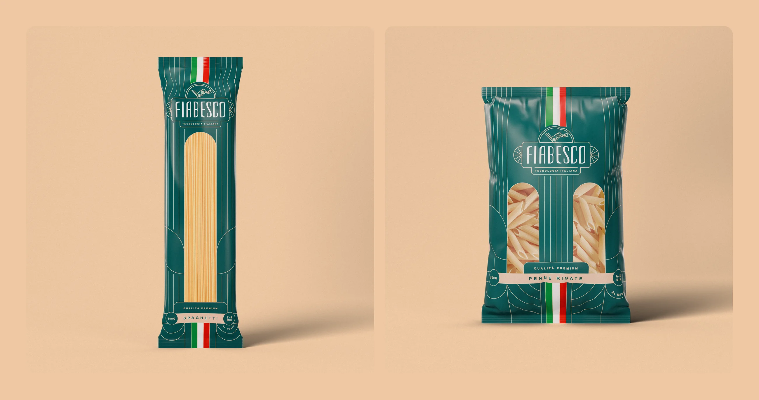 Fiabesco spaghetti and penne rigate packs, front on, on peach