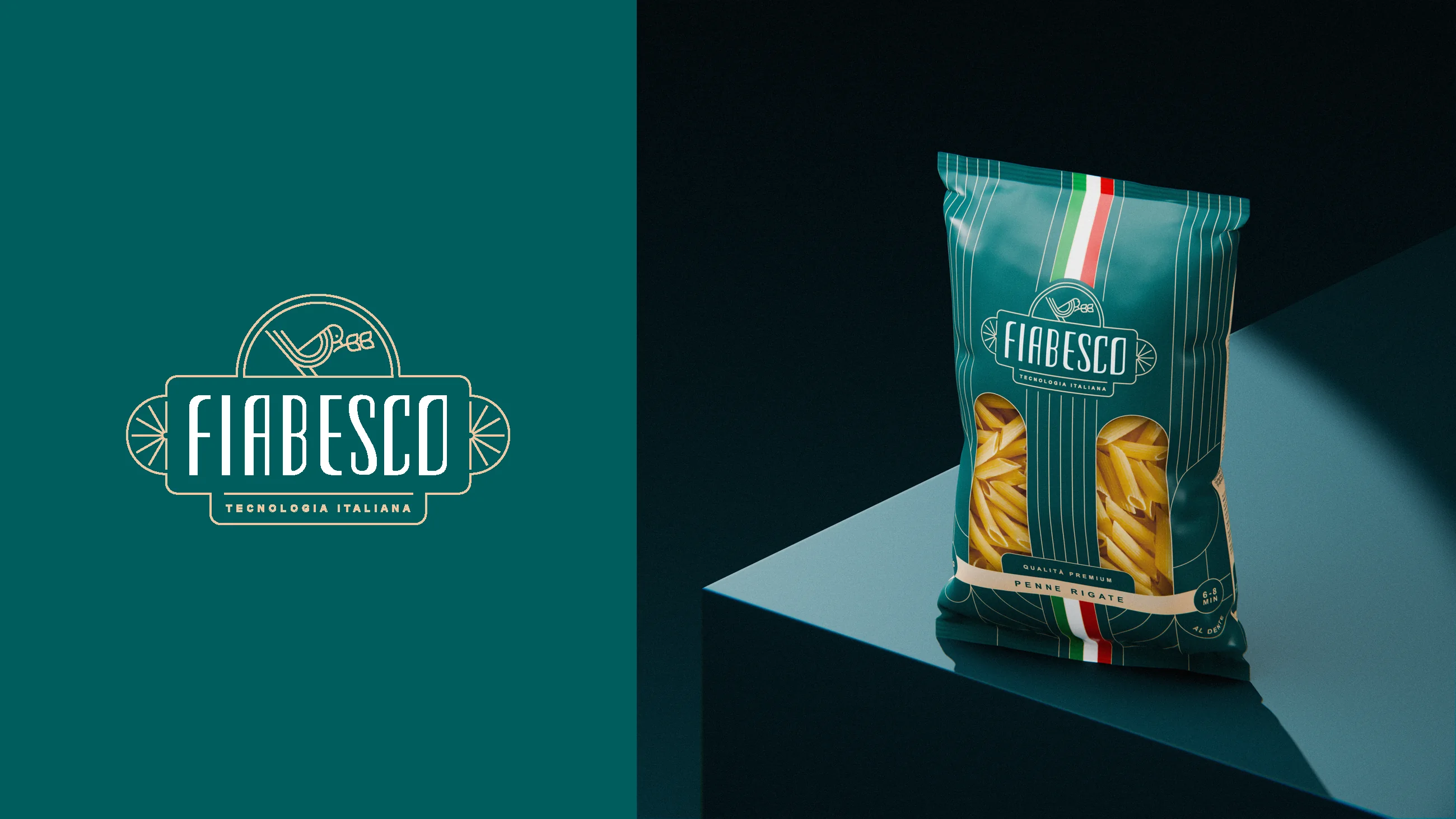The Fiabesco badge logo beside a teal penne pack on a dark stage