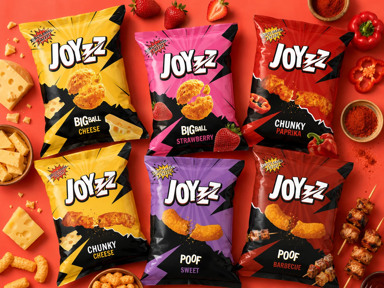 Six Joyzz snack packs in yellow, pink, red and purple, one per flavour