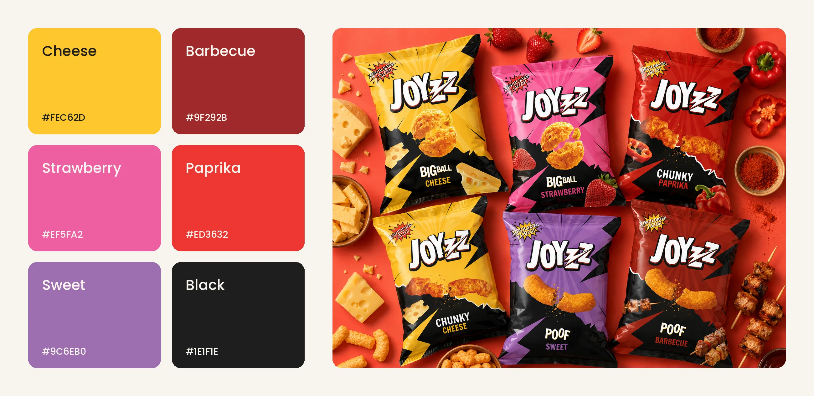 The six Joyzz flavour colours beside the full range of packs