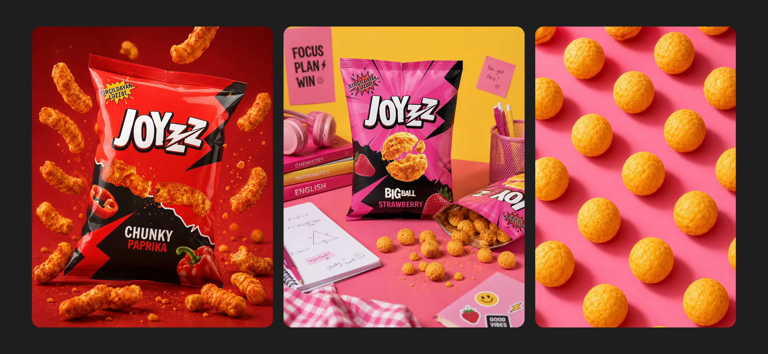 Joyzz Chunky Paprika, Big Ball Strawberry and a pattern of corn balls on pink